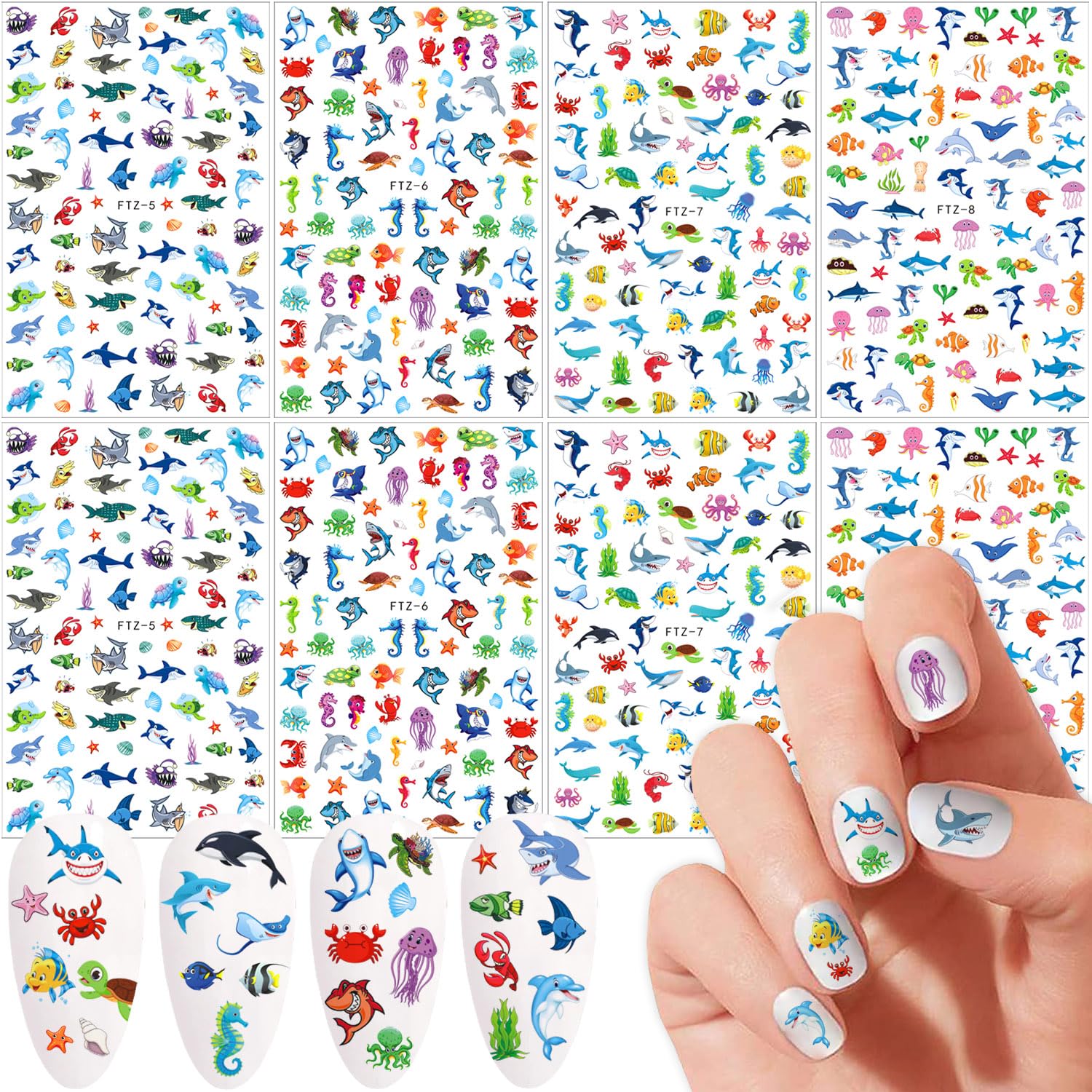 8 Sheets Sea Animals Shark Nail Art Stickers 3D Self-Adhesive Ocean Nail Decals for Women Nail Art, Under The Sea Birthday Party Supplies Decorations Favors Gifts Ocean Animal Goodie Bag Fillers Ocean Animals2