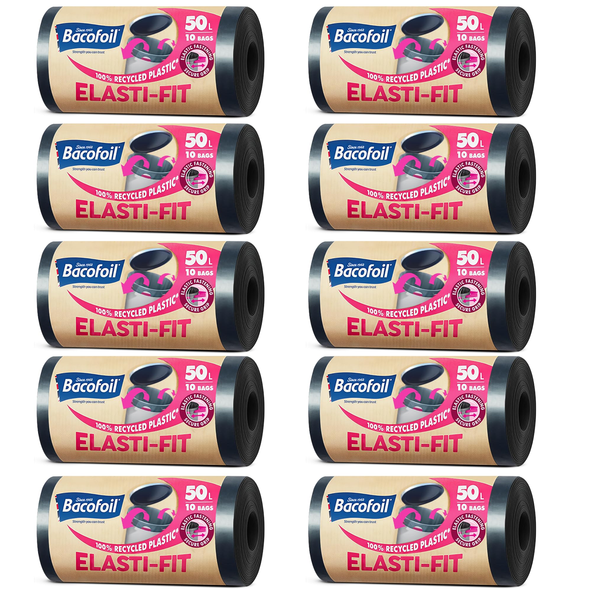 Bacofoil Elasti-Fit Bin Liners with Drawstring Handles 50L - Leak-Proof Bin Bag with Elastic Fastening for a Secure Fit (10 Rolls, 100 Bags)…