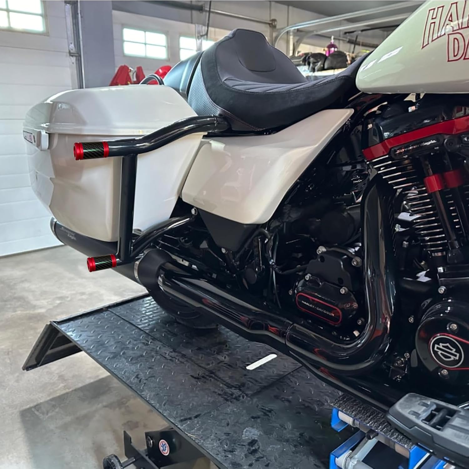 Motorcycle front and rear crash bar decorative wheels, engine crash bar sliders, and saddlebag crash bar decorative covers, CNC machined with embedded carbon fiber accents (red)