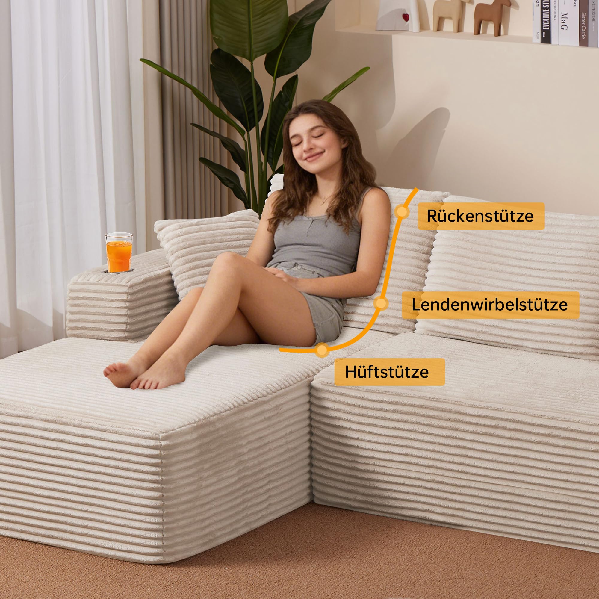 261cm Corduroy Modulares Schlafsofa, Knochenlose Cloud Couch L-Form Ecksofa mit Schlaffunktion, Modulares Sektionssofas mit Chaise für Wohnzimmer Schlafzimmer, 3 Sitzer Sofa Beige