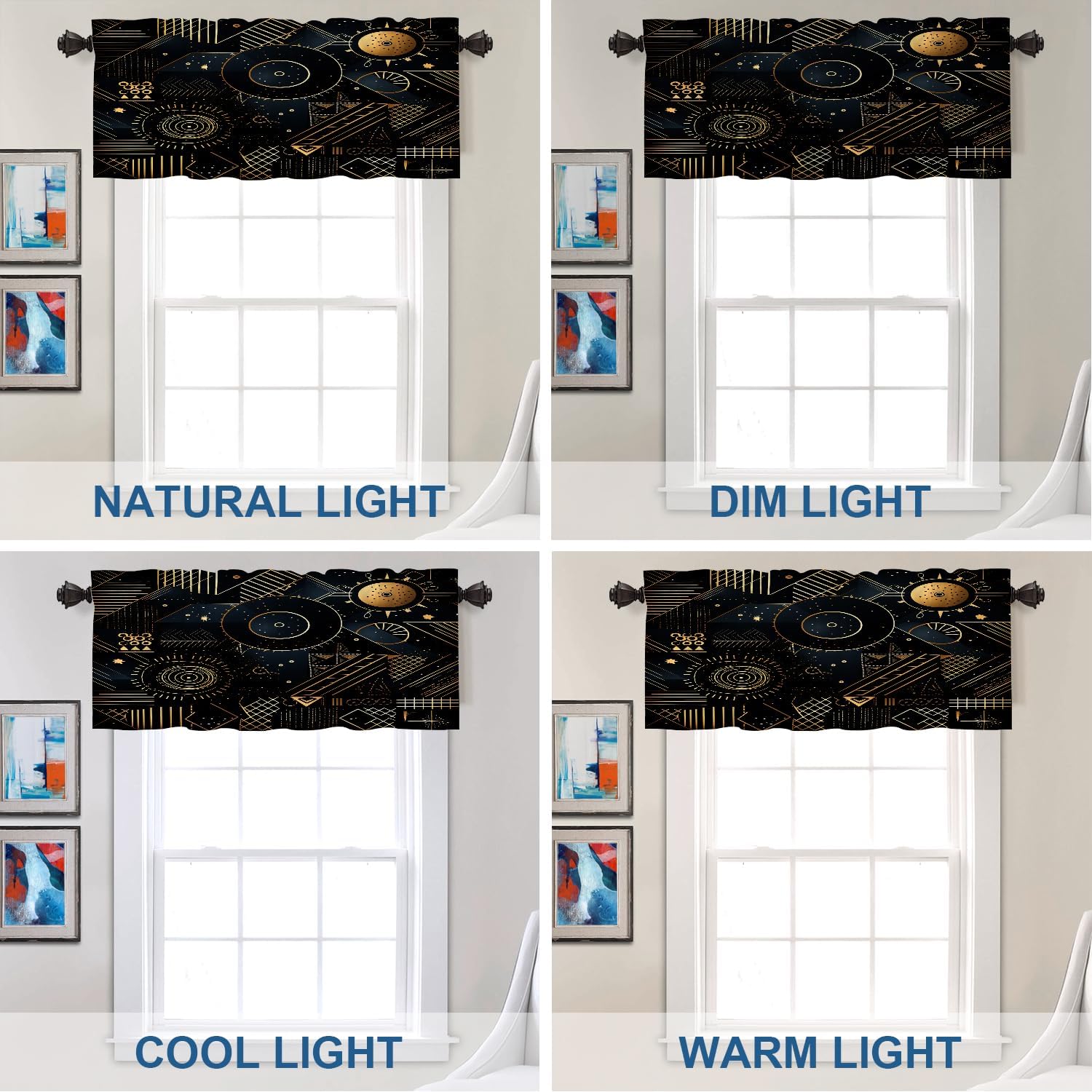 Batmerry Geometric Patterns Valance Curtains, Abstract Geometric Design Window Treatment Kitchen Valances Multilayer Polyester Blackout for Living Room/Bathroom, 2 Pack 52X18 Inches