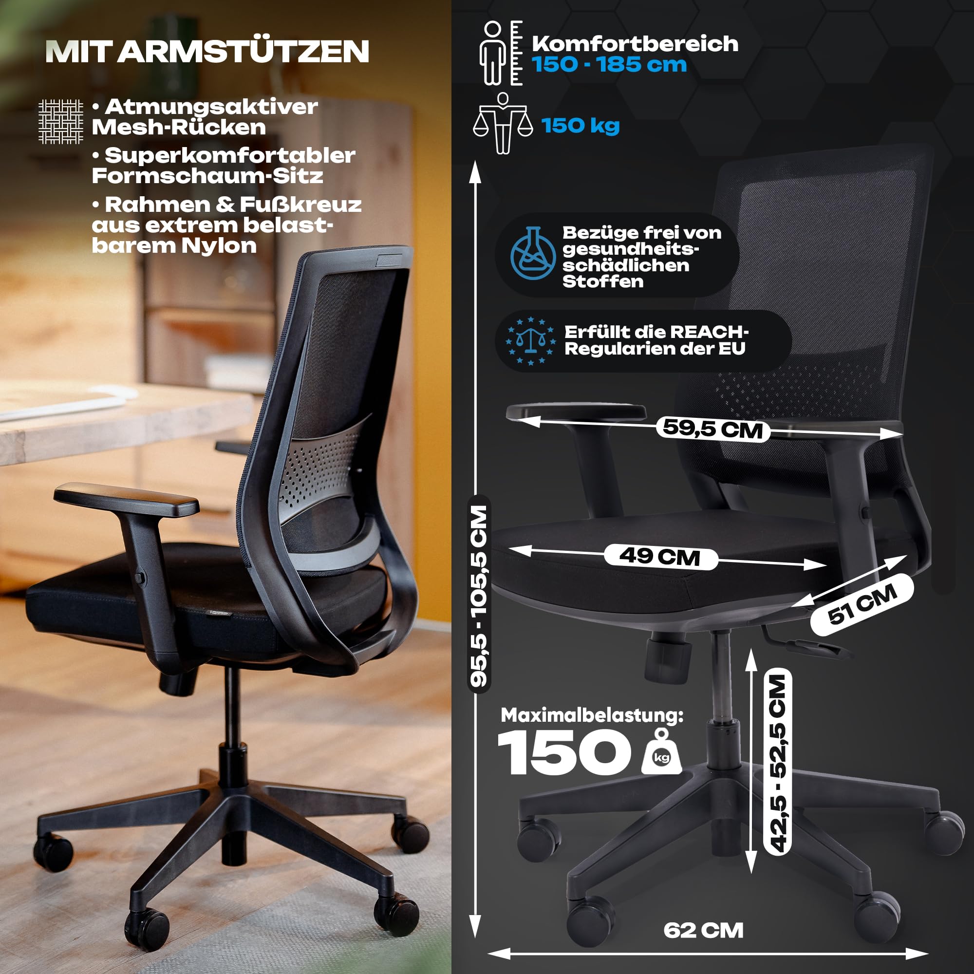 VALKENSTOL M2 Bürostuhl Ergonomisch Testsieger, Einstellbarer Lendenwirbelstütze Schreibtischstuhl für Büro und Home Office