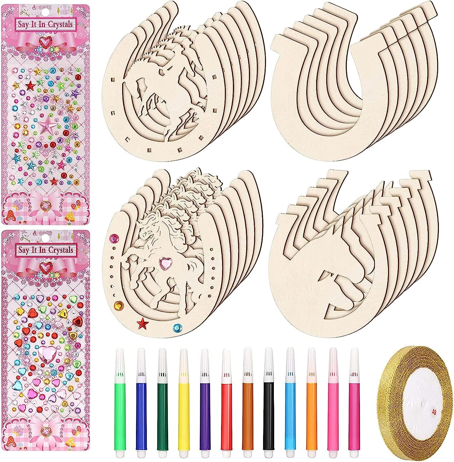 39 Piezas Herradura, Pack de 24 Madera de Herradura Madera Manualidades Rodajas de Madera Natural Herradura con 12 Marcas de Color y 2 Pegatinas de Embalaje Decoración de Madera DIY
