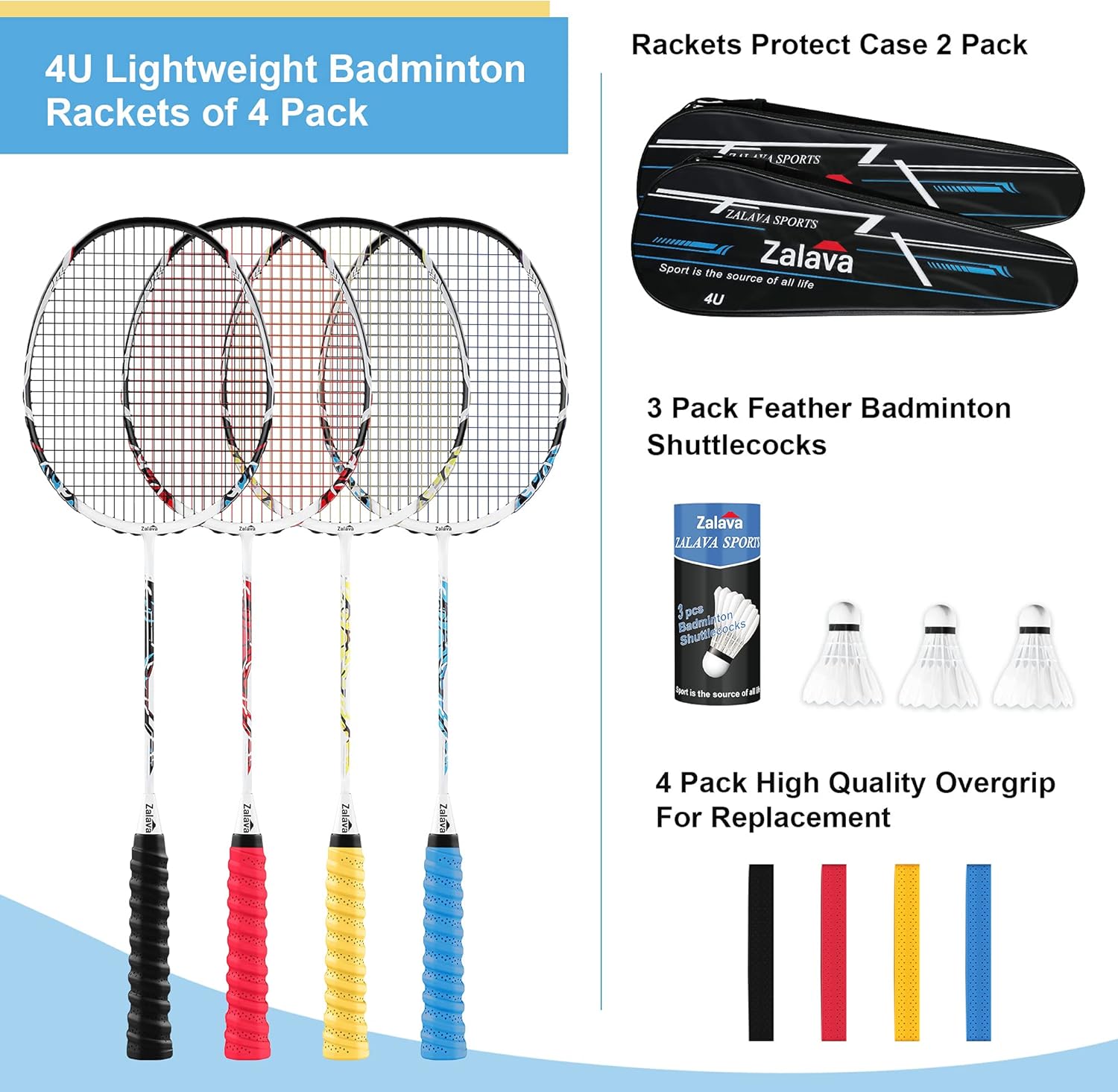 Professional Badminton Rackets Lightweight Badminton Racquets Set, Zalava Badminton Set 4 Pack,Carbon Fiber, 3 Shuttlecocks, 2 Protect Case, 4 Overgrip Included,for Beginners ,Advanced Players : Sports & Outdoors