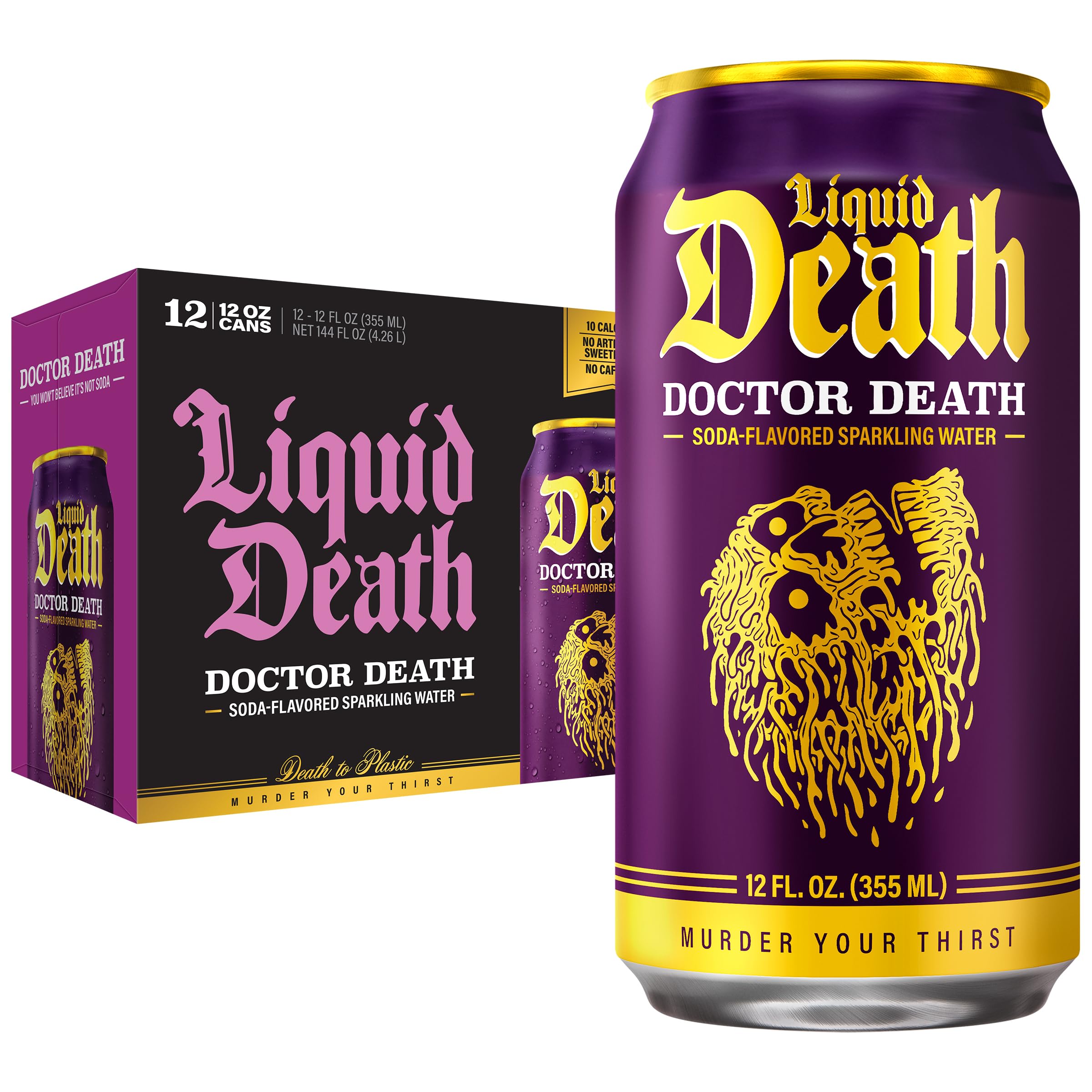 Soda-Flavored Sparkling Water - Doctor Death (Cherry, Cream, Spice), Less Sugar*, Huge Flavor, No Caffeine, No Artificial Sweeteners, 12 Fl Oz (Pack of 12)