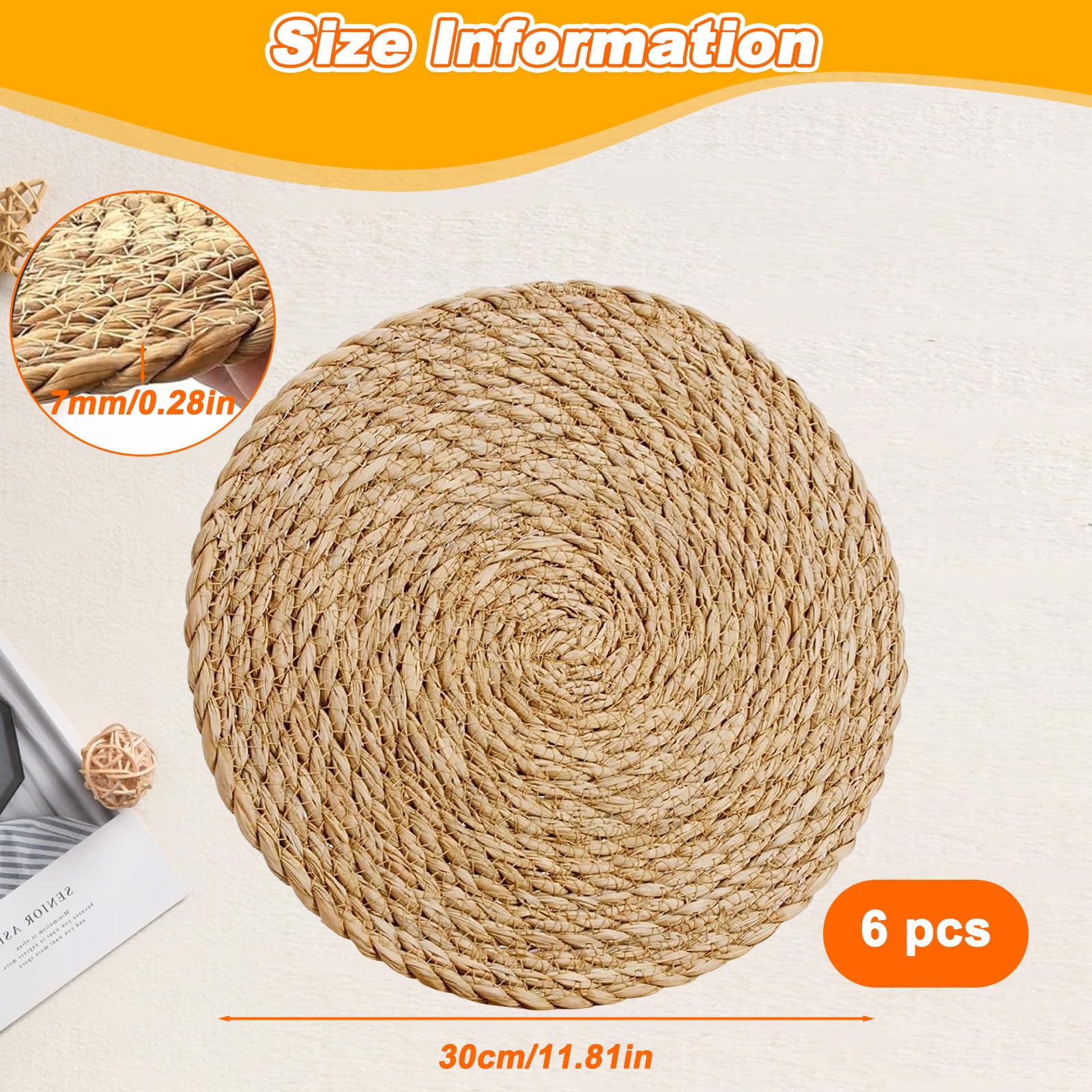 6 Sottopiatti Rotondi Eleganti Vimini, Tovagliette Rotonde Giacinto D'Acqua Paglia Naturale 30cm, Sottopiatto Intrecciato Rotondo Bohémien Centro Tavola Elegante per Tavolo da Pranzo, Casa, Matrimoni