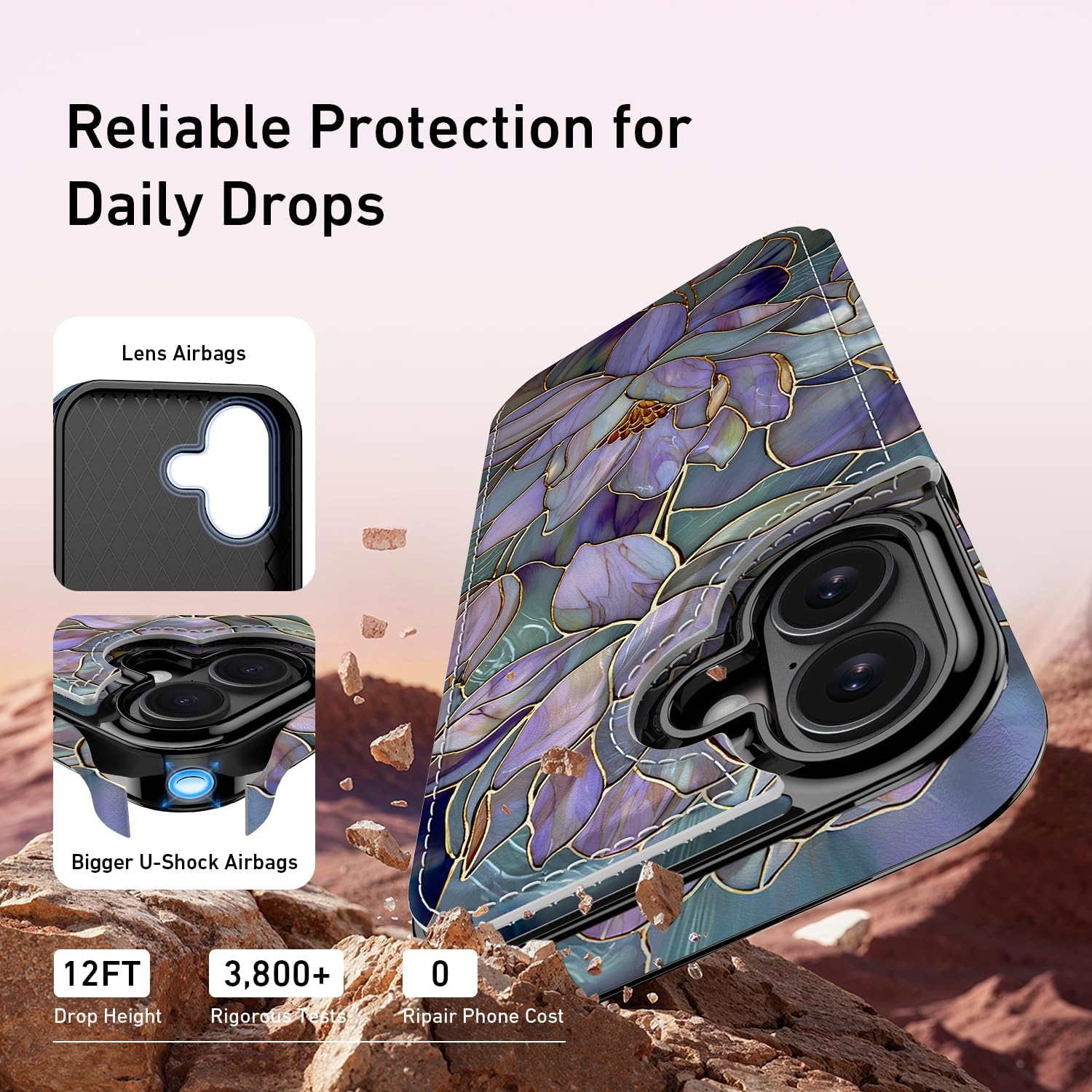 FUNMIKO for iPhone 17 Wallet Case with Card Holder, RFID-Blocking, Military-Grade Protection & UV-Printed Artwork, Magnetic Closure with Leather Kickstand - Dreamy Lotus - Image 5