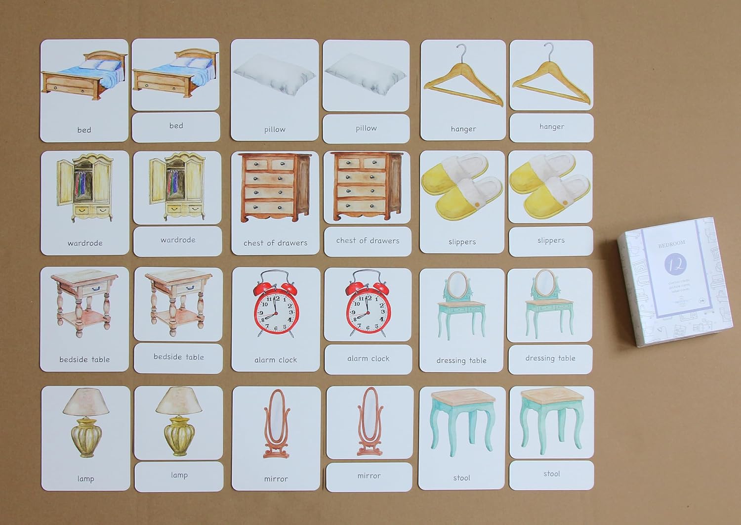 Montessori 3-Part Classified Cards Indoor Environment Home Life Bundle (Kitchen, Bedroom, Living Room, Bathroom) Watercolor Control, Picture, and Label Cards with Protective Lamination – for Ages 3+