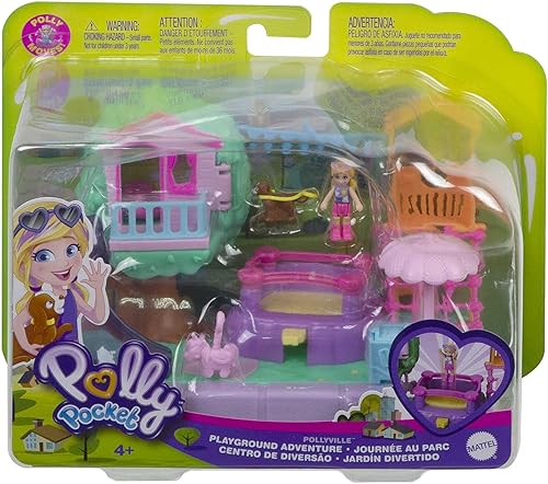 Miniatura 6 de Polly Pocket Pollyville Playground Adventure Playset, muñeca Micro Polly, casa del árbol, tobogán, castillo animoso, gimnasio de la selva, carrito