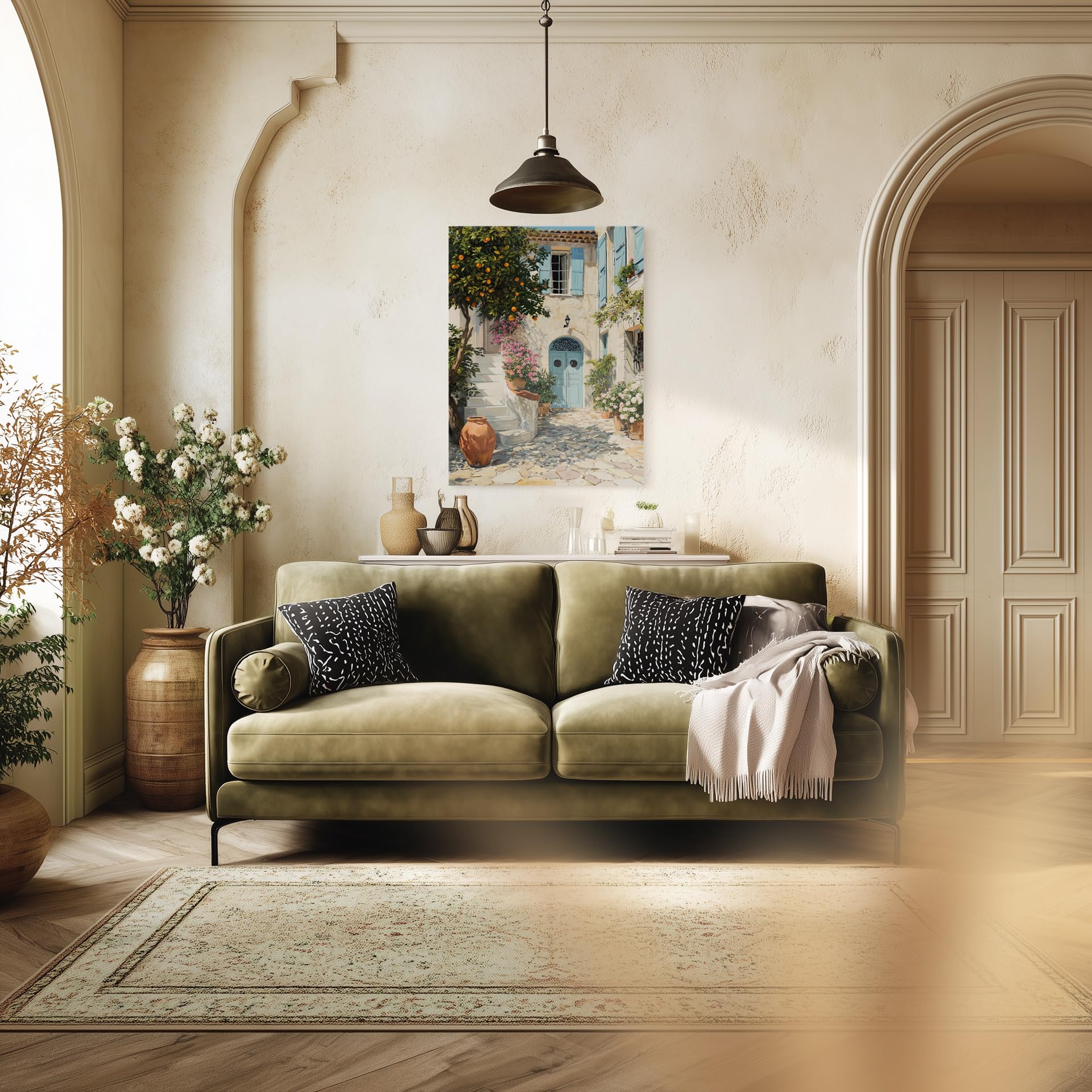 STYLER Tableau sur toile Tuscan Siesta 60 x 80 cm – cour méditerranéenne avec oranger – ambiance toscane chaleureuse – décoration murale italienne – collection Lucid Landscapes