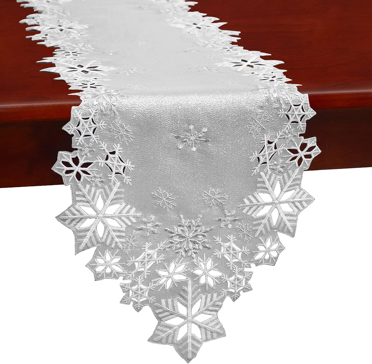 Simhomsen Embroidered Silver Snowflakes Table Runners for Christmas Holiday and Winter (Silver, 14×90 inches)