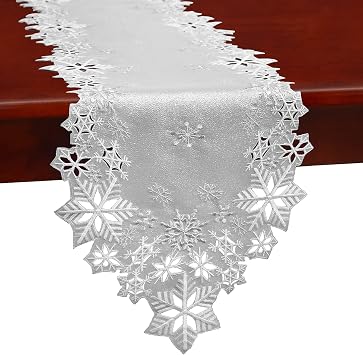 Simhomsen Embroidered Silver Snowflakes Table Runners for Christmas Holiday and Winter Silver, 1469 inches