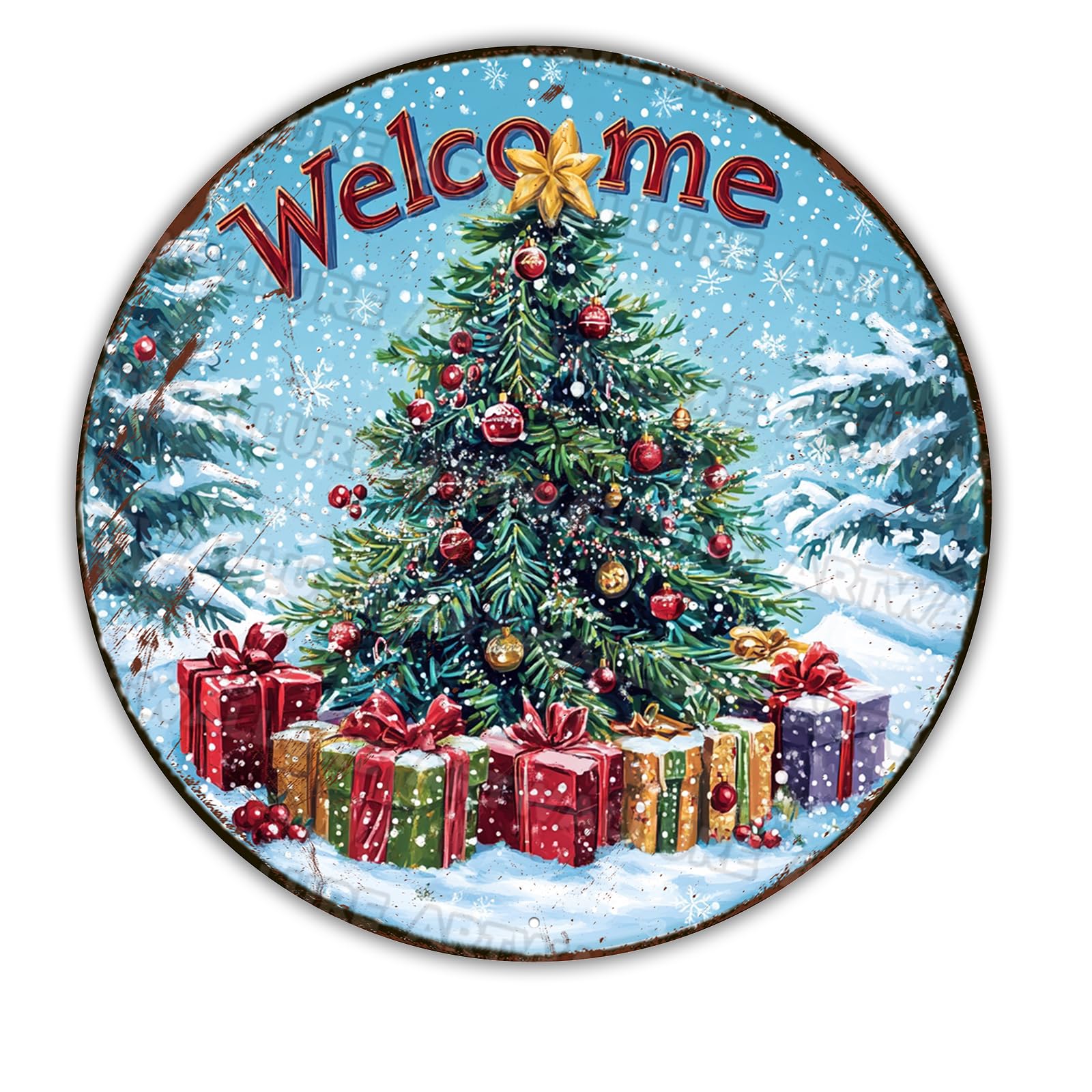 Christmas Tree Wreath Sign - Round Aluminum Wall Decor for Front Door, Porch and Indoor Holiday Decorating, Vintage Style Metal Welcome Plaque 12x12Inch