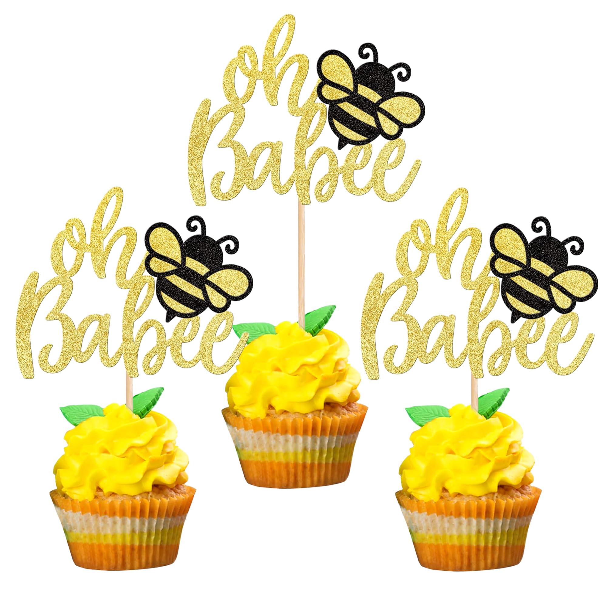12 Pcs Bumble Bee Oh Babee Cupcake Toppers,Gold Glitter Oh Babee for Bee Theme Baby Shower Kids Birthday Party Cake Decorations Supplies