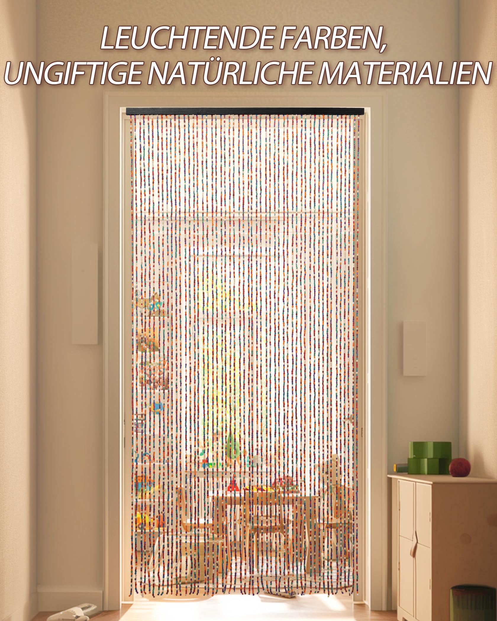 90 * 200cm Perlenvorhang Türvorhang 52 Stränge Bunt Holzperlenvorhang als Bohemian-Stil Dekoration und Insektenschutz, Handarbeit Perlenvorhang für Fenster, Tür, Zimmer