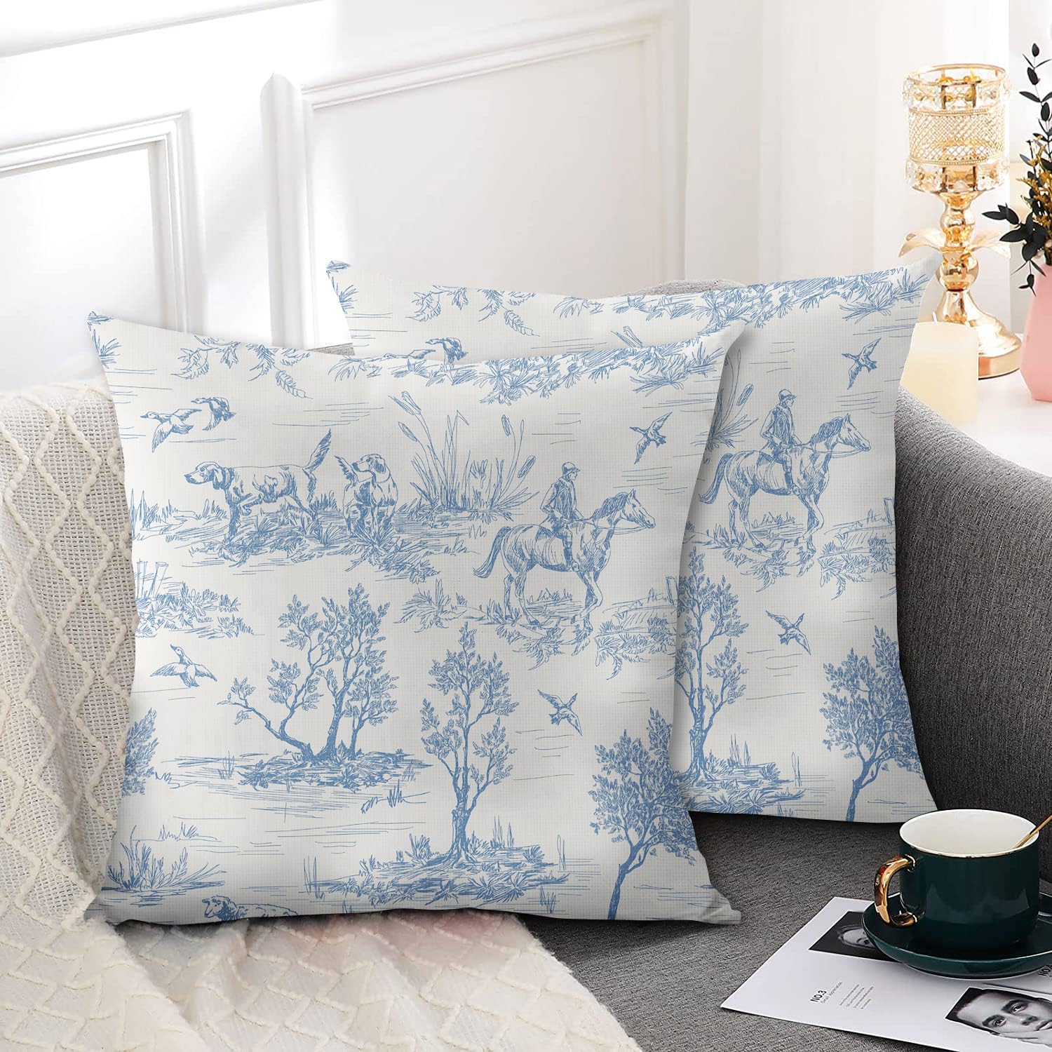 Blue and White Toile Pillow Covers 24x24 Inch Set of 2 Vintage French Country Throw Pillow Cover Rustic Linen Cushion Cover Decor for Home Sofa Bedroom Outdoor Indoor