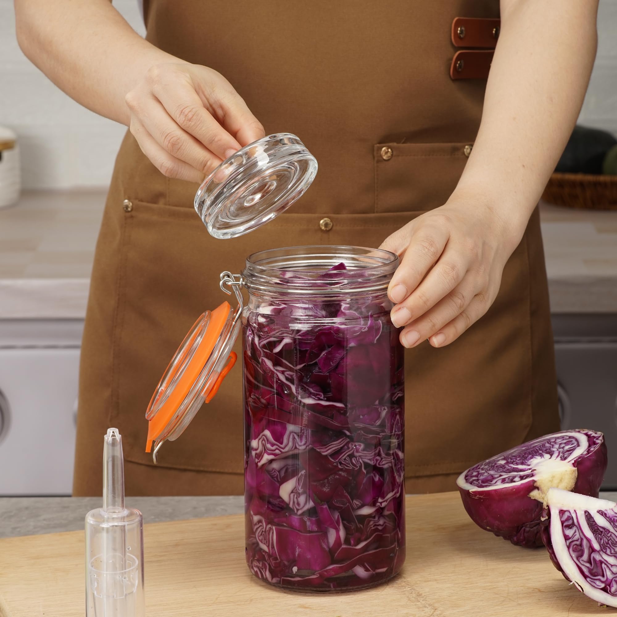 Lot de 2 bocaux de fermentation de 1,3L avec couvercle de fermentation et poids – Bocal de fermentation pour choucroute, kimchi, kombucha, cornichons et plus (2 pièces)