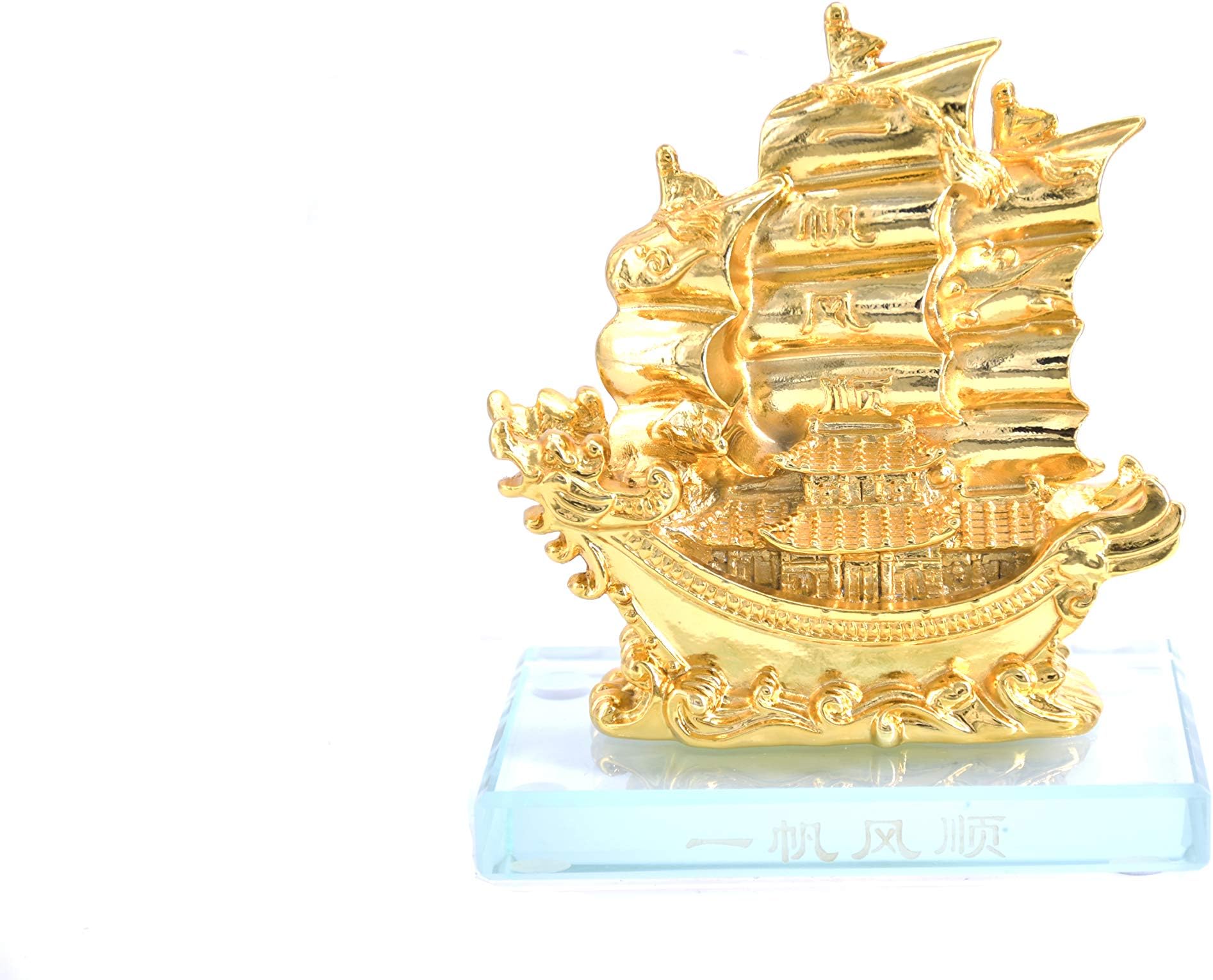 LHR trading inc Sailing Ship Statue Feng Shui Decor for Fortune, Wealth and Prosperity - Decorative Gold Wealth Sailing Boat Décor for Office and Home - Corner Living Room Nautical Decoration