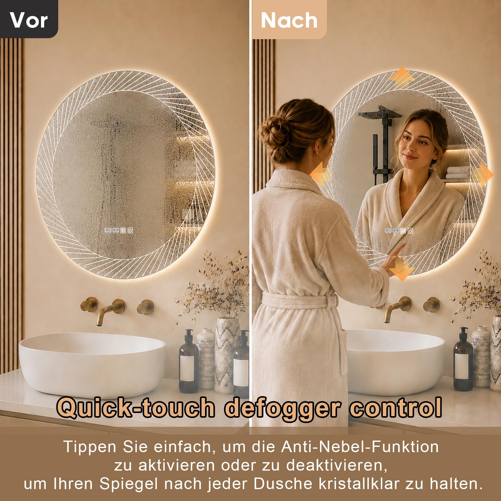 Badspiegel mit Beleuchtung, 80 cm Spiegel mit LED Licht | Zeit anzeigen Touch Schalter Temperaturanzeige und 3 Farben Dimmbar