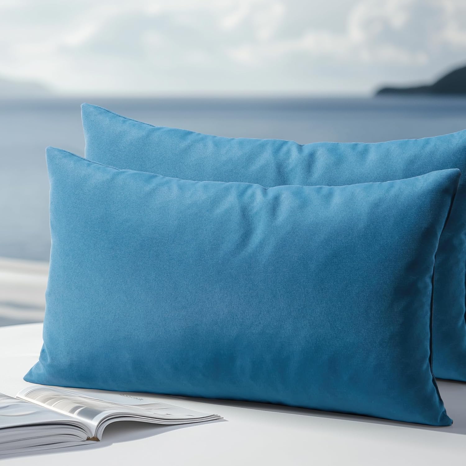 Waterproof Outdoor Pillows, Feather and Down Filled Outdoor Throw Pillows Water-Resistant Decorative Premium Lumbar Pillow Pack of 2