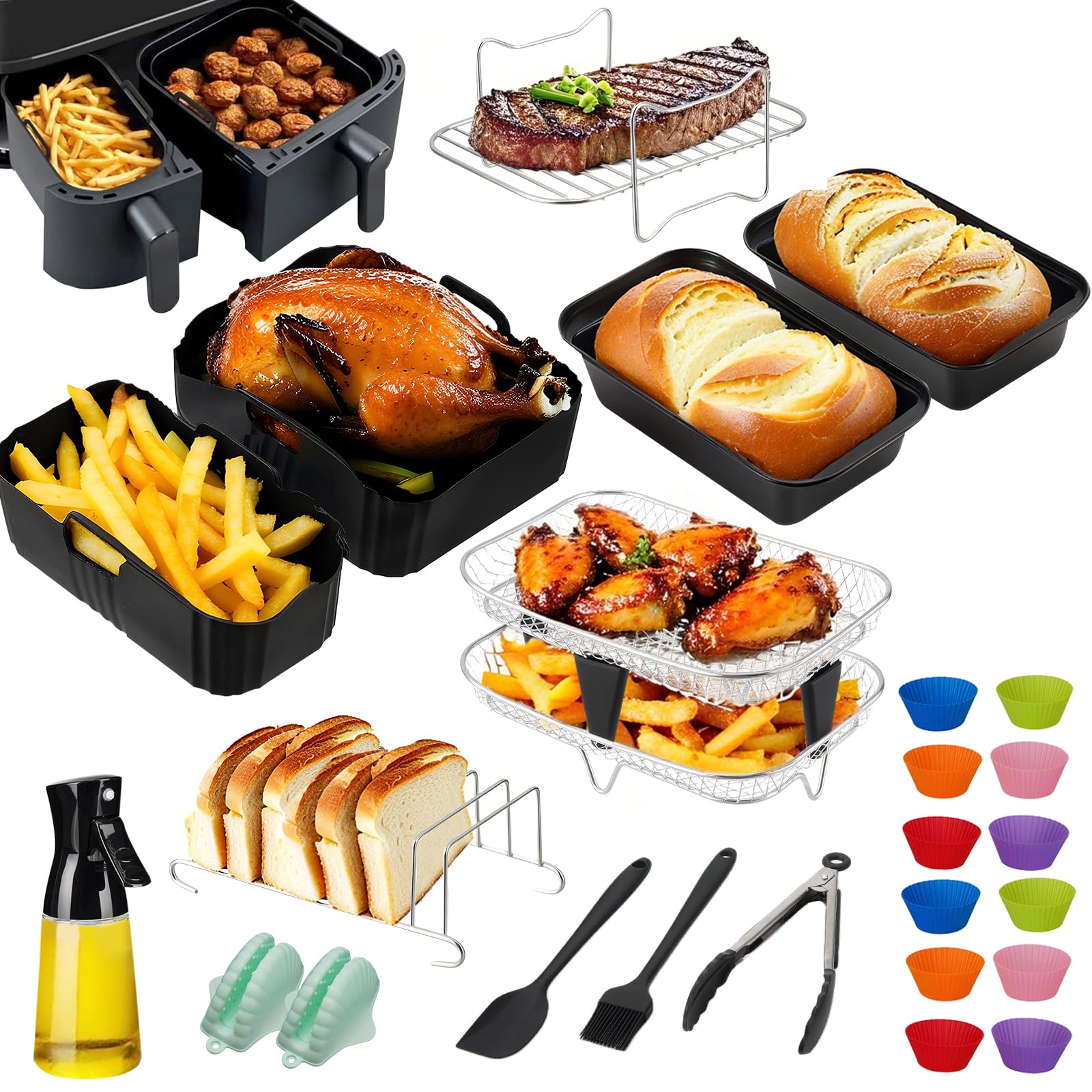 Heißluftfritteuse Zubehör für Philips Airfryer Dual Basket 3000-serie 6L+3L, 24 Stück Airfryer Zubehör Set, Airfryer Silikonform Zubehör Set - Doppelstöckiger Grillrost, Kastenform, Toastständer