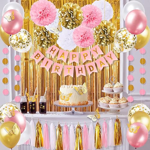 Miniatura 6 de Decoraciones de fiesta de cumpleaños rosas y doradas para mujeres con pancarta de feliz cumpleaños cortinas pared de mariposa guirnalda de puntos