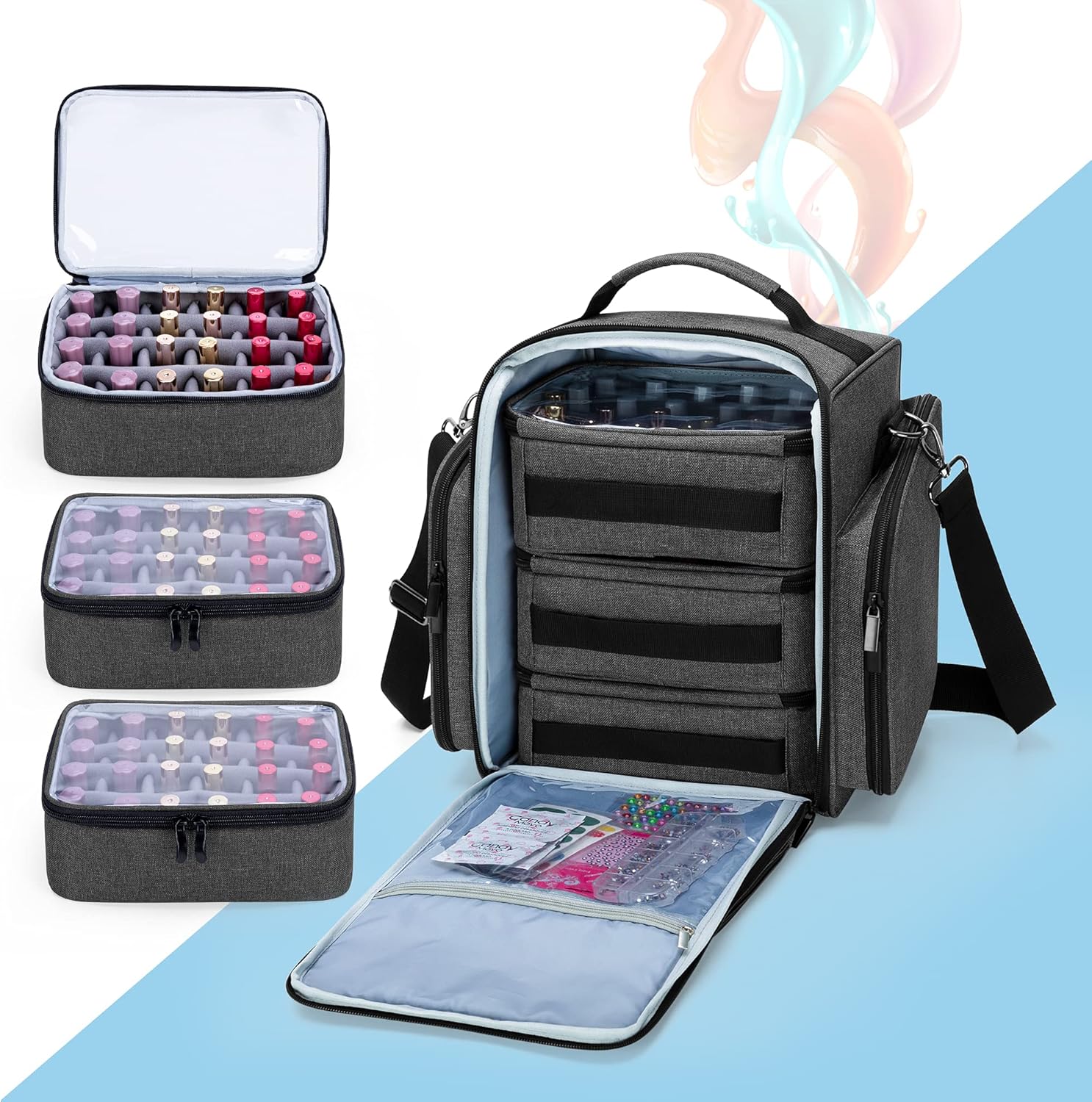 BAFASO Nail Polish Organizer Holds 72 Bottles (15ml - 0.5 fl.oz), Large Nail Polish Case with 3 Removable Pouches and Multiple Storage Sections (Patented Design), Black
