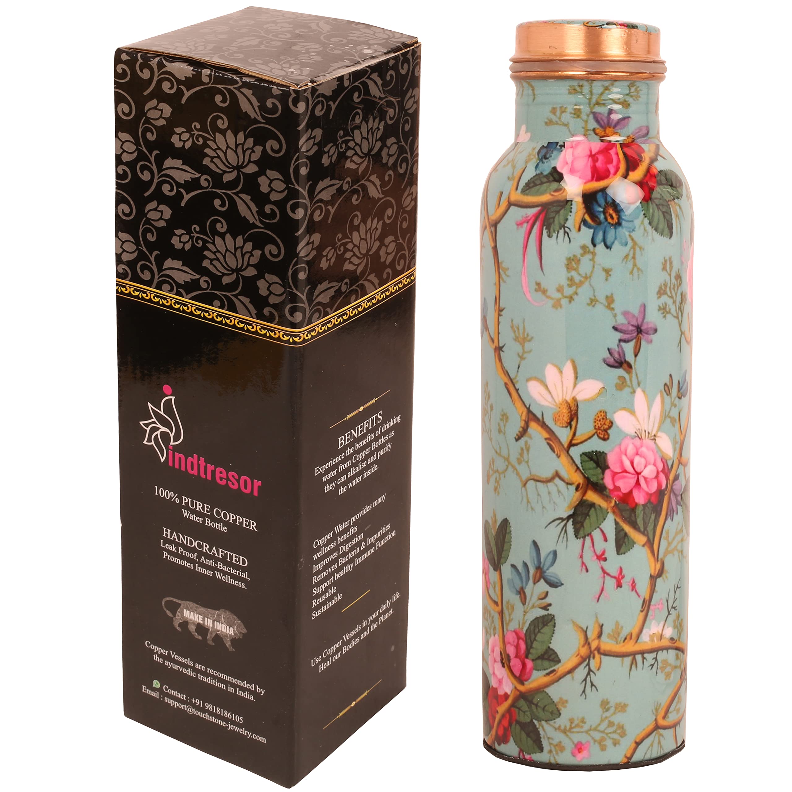 INDTRESORPure Copper Water Bottle - Handcrafted - Ayurveda health benefits - Large 35 oz - Leak proof - Easy to carry for Sports, Fitness, Yoga, School - Sky Blue Base Floral Vines Colorful Enamel