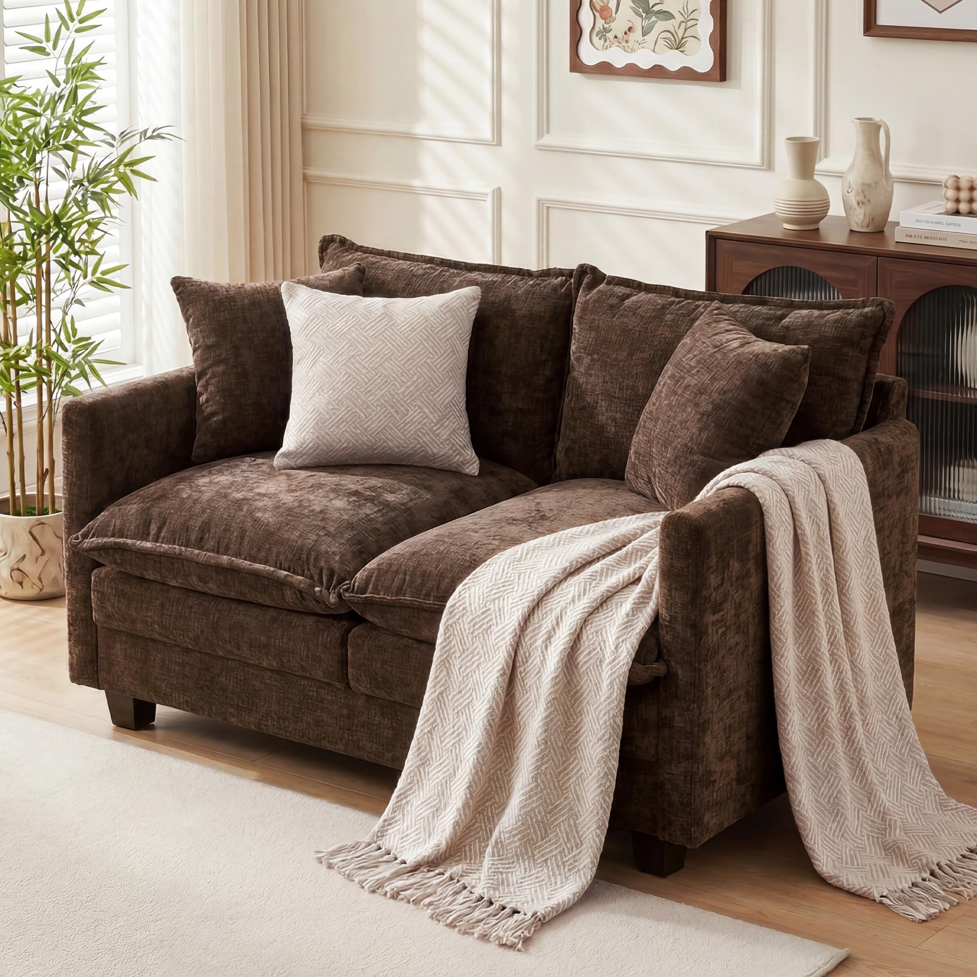 Loveseat Sofa Couch, Small Mini Compact 50' Love Seat 27' Deep Cloud Sofa Seat Washable Chenille Pillow