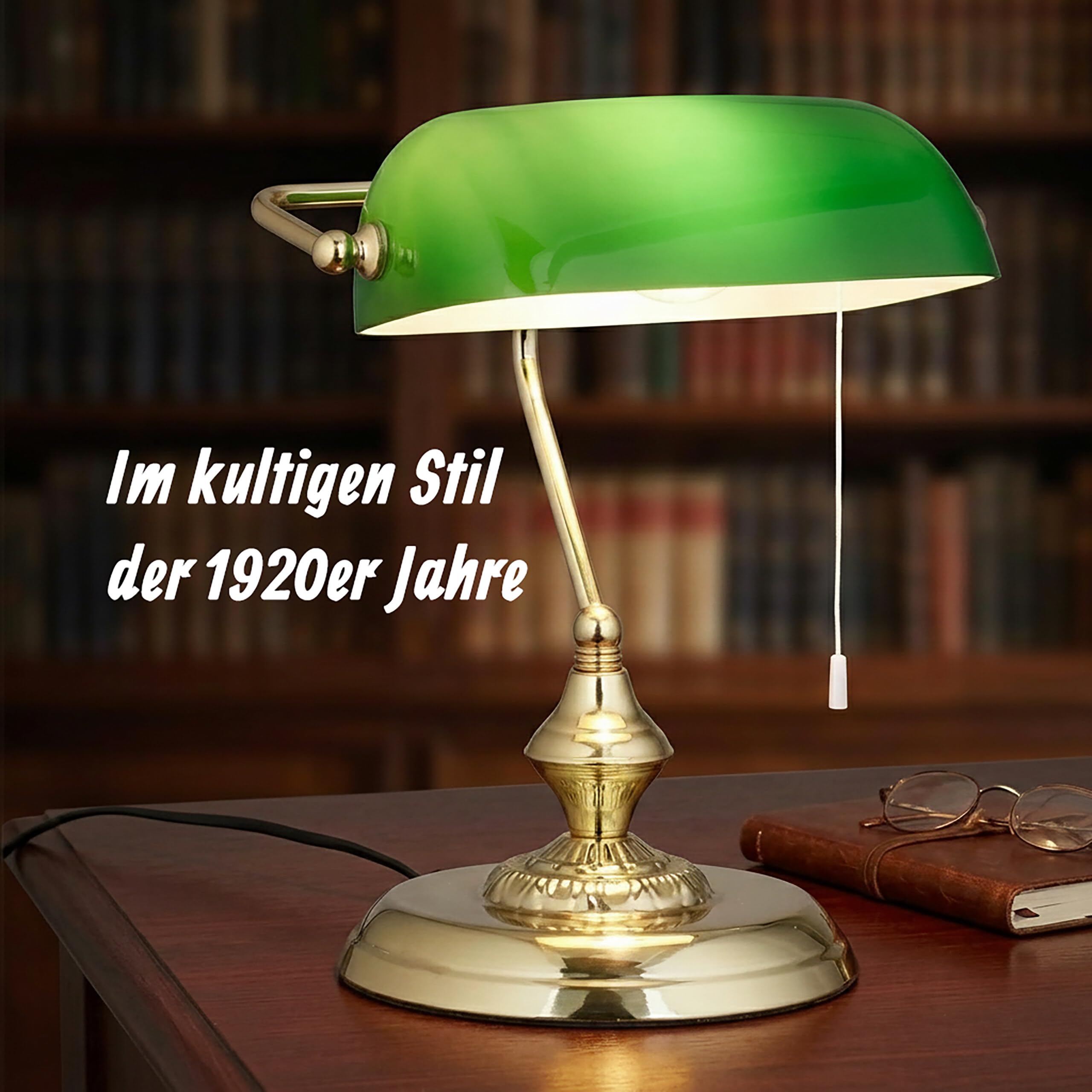 Relaxdays Bankerlampe mit Zugschalter, grüner Schirm, runder Sockel, Vintage Design, Glas, HBT: 31x22,5x18,5cm, Messing, Grün