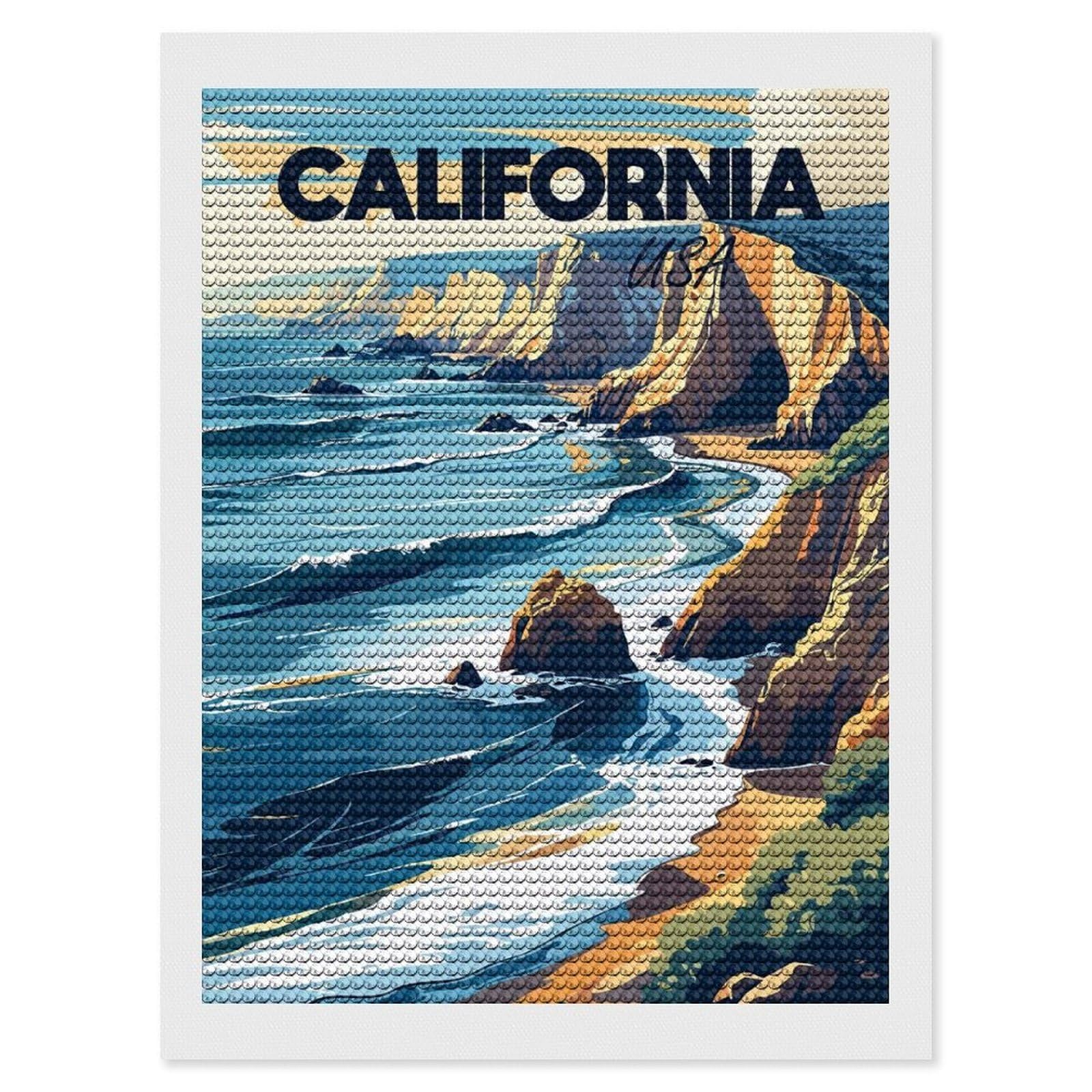 Junmoney California Coastline Travel Diamond Painting Set 12"x16", Stress Relief Craft, Easy to Enjoy, Vintage Style Decor, Festive Craft Gift