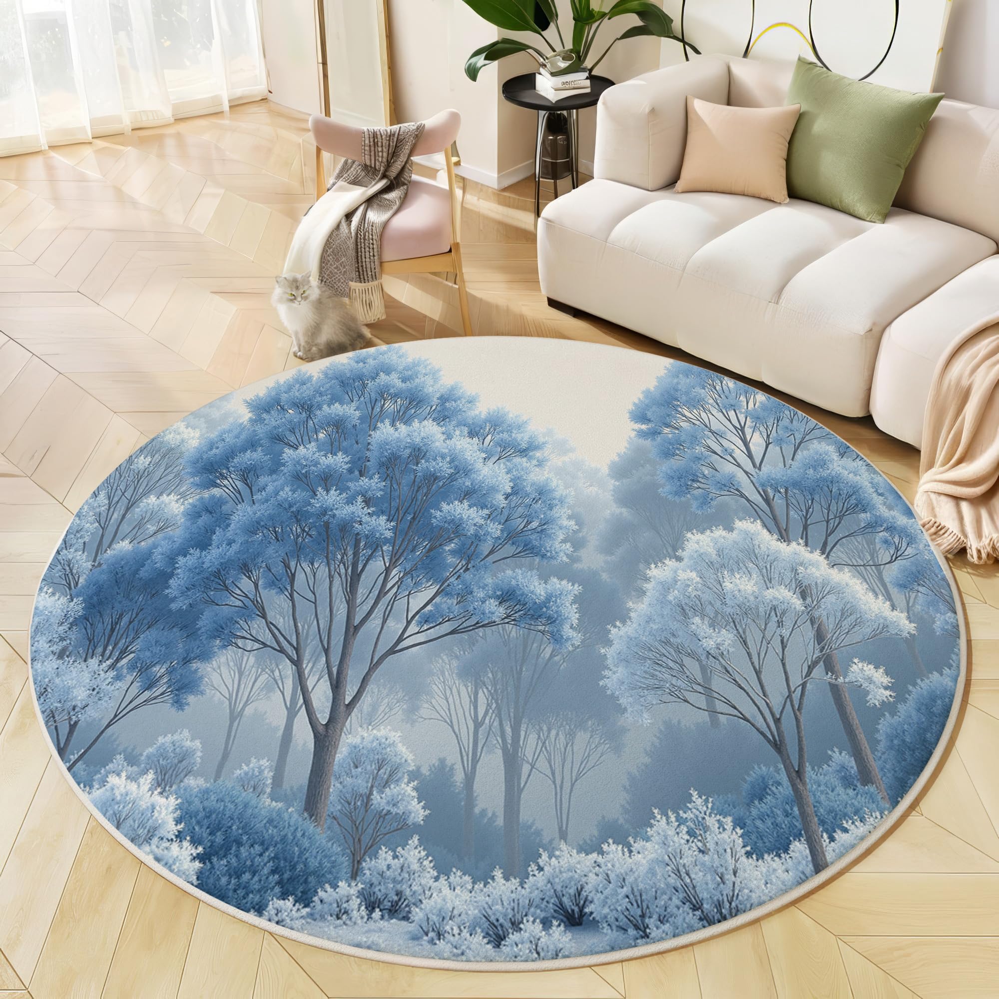 Tapis rond forêt de pins pour réchauffer l'ambiance de la chambre ou du salon en hiver
