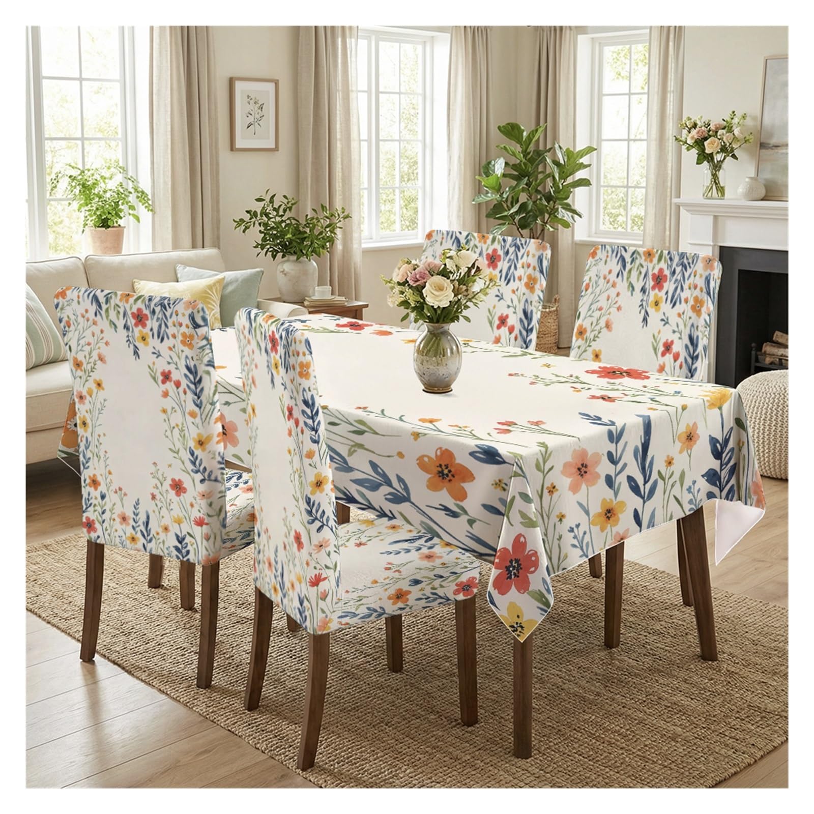 BOSUYBN Colorful Watercolor Wildflower Vine Dining Tablecloth & Chair Covers Set, 5/7 Piece Fresh Casual Cottagecore Farmhouse Dining Room Home Decor Table Setting(5pcs Set: Tablecloth+Chair Covers)