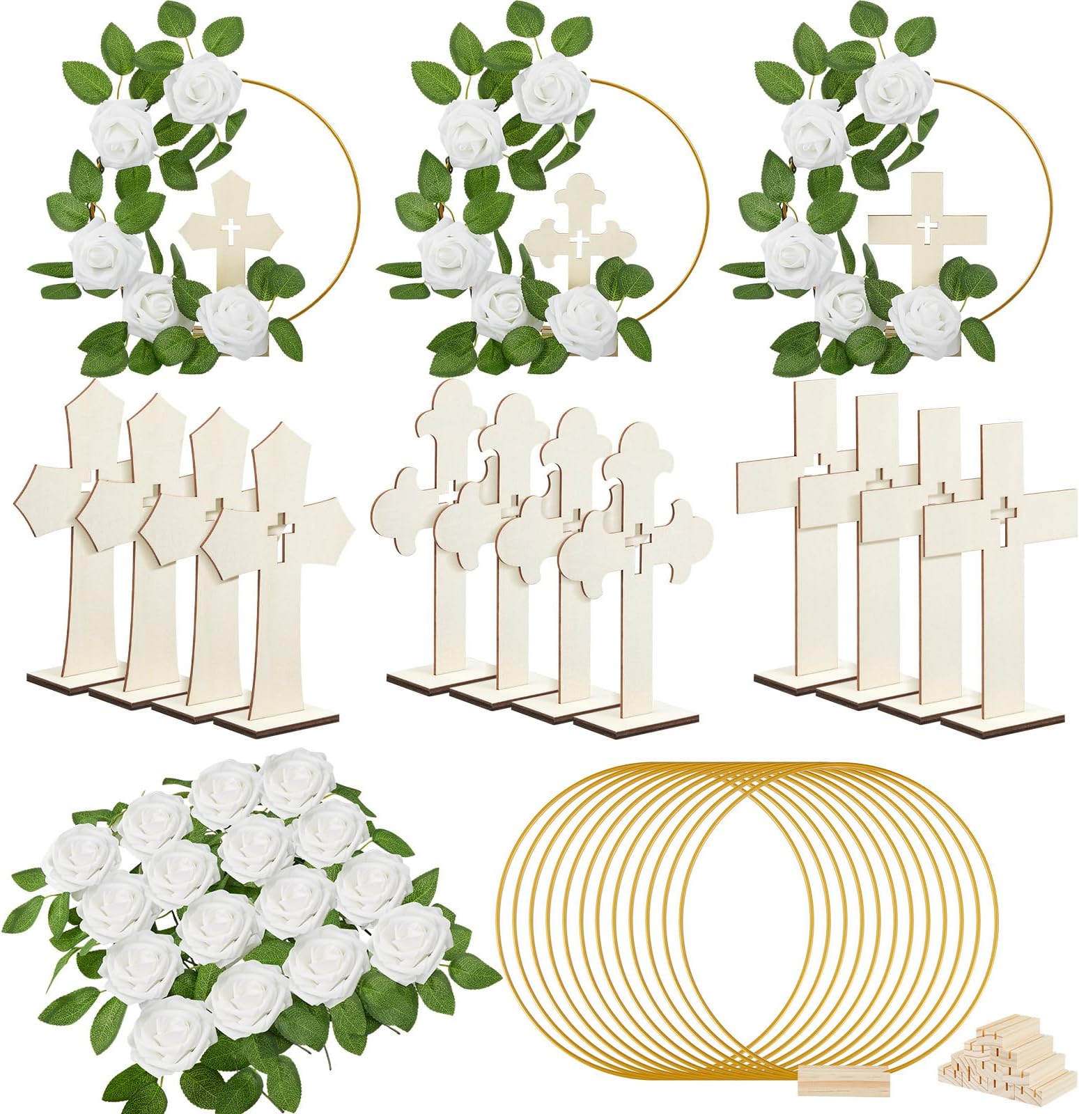 Wesiti 48 Pcs Baptism Centerpiece First Communion Table Decoration 12 Wood Cross 12 Floral Hoop with Stand 24 Foam Rose with Stem for Baptism Baby Shower Wedding(Wood and White,Classic)