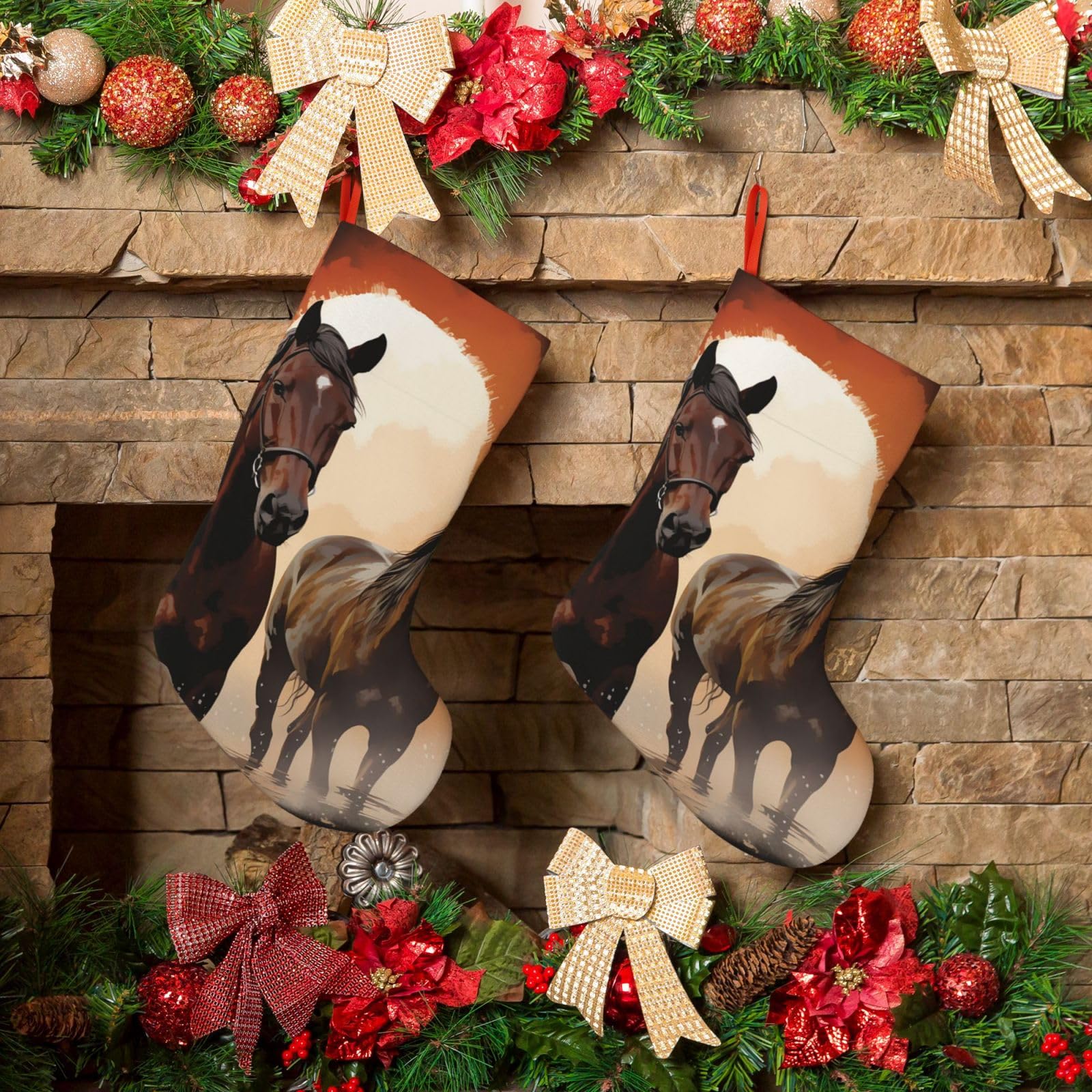 KLOPH Christmas Stockings 18" Personalized Xmas Stocking Brown Horse Silhouette Decoration Stockings Hanging Ornaments Fireplace Stocking for Holiday Xmas Tree Christmas Decor