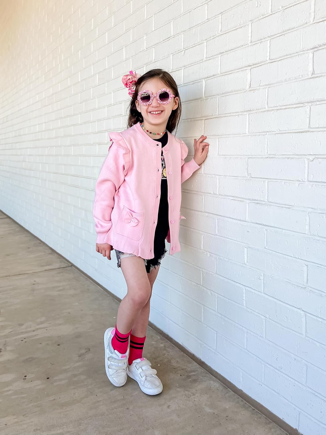 Girls Cardigan Sweater School Uniforms Button Crewneck Cute Ruffle Long Sleeve with Pockets Bowknot Knit Tops - Image 2