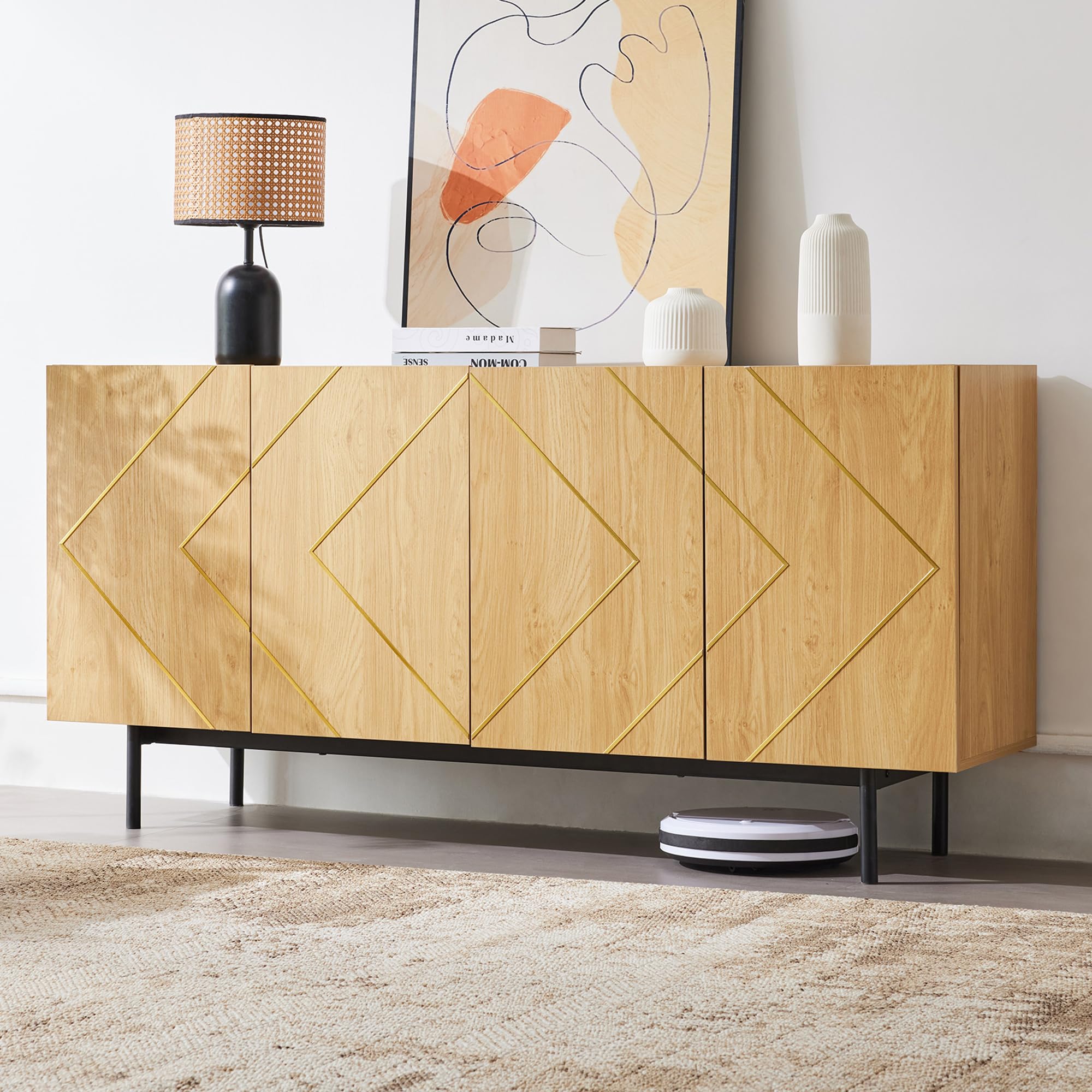 Merax Sideboard Holz Kommode mit 4 Türen,rustikal Sideboard Küchenschrank Buffet,Anrichte Beistellschrank Standschrank,Naturholz, H78/B160/T40 cm