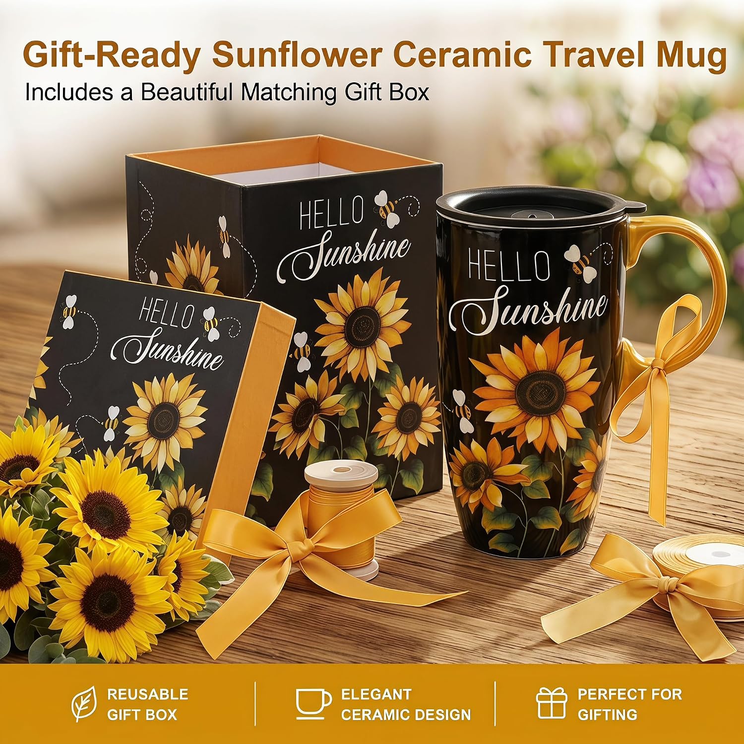 Topadorn 17oz Ceramic Travel Mug with Lid, Sunflower Floral Coffee Mug