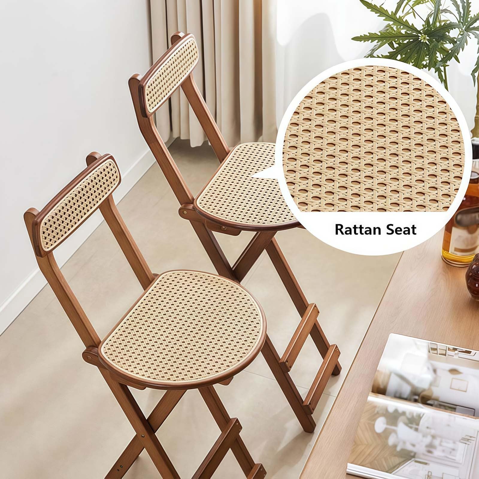 Por bambusowy składany z oparciem rattanowy jadalniaOszczędność miejsca wysokie ol 99.8 kg Capaci Walnut Kuchnia Futro 76 cm Design