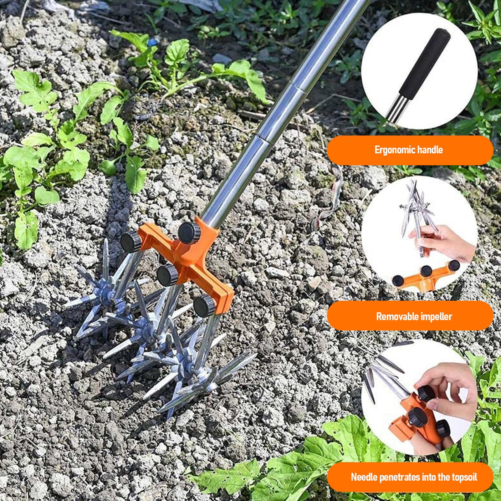Cultivador Manual de Manual de Tiller, Acero Inoxidable Liviano con 3 Impulsores Intercambiables, Manija y Ruedas Ajustables, Fácil de Ensamblar y Moverse