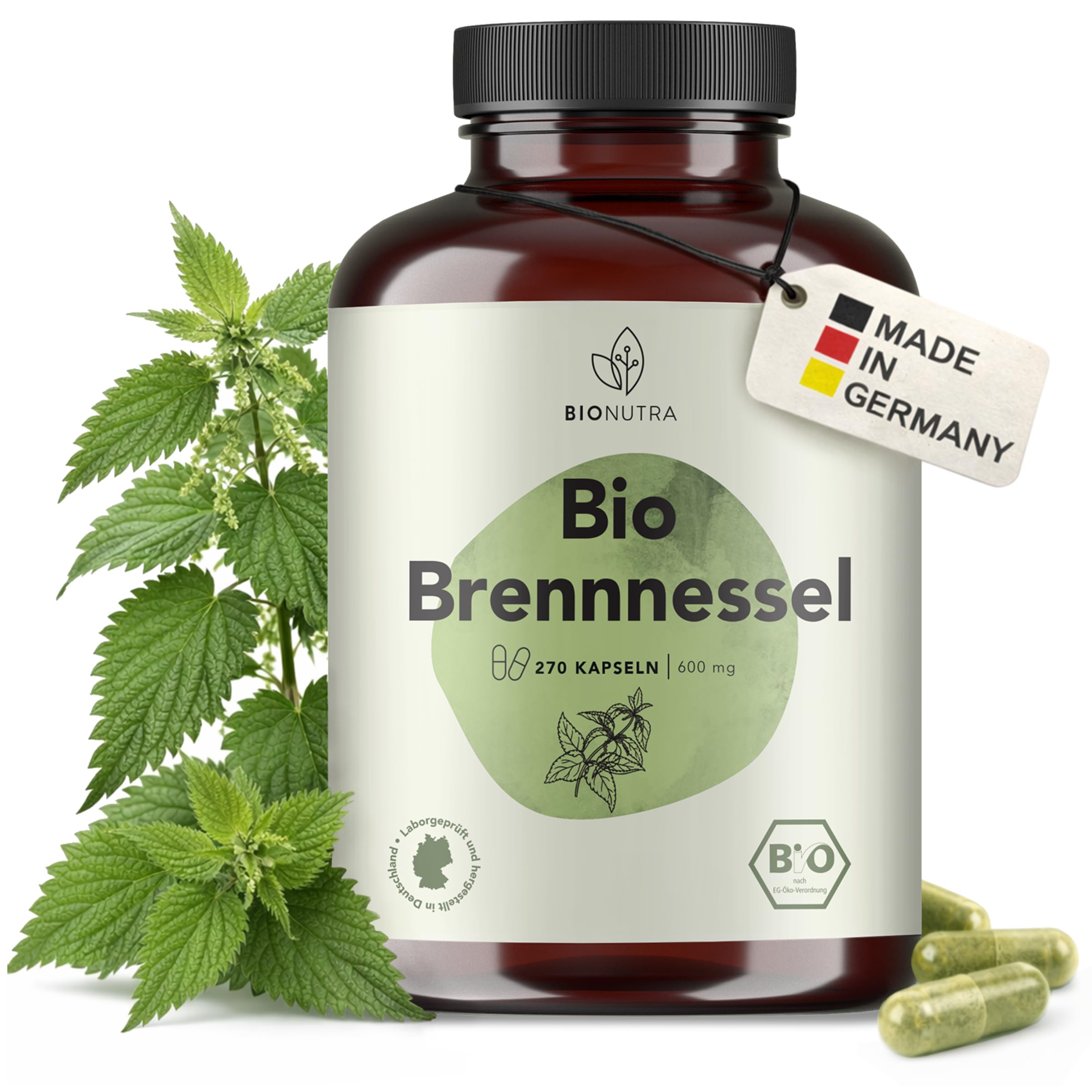 BIONUTRA® Gélules d’Ortie Bio hautement dosées, 1000 mg/jour, contrôlées contre les résidus, fabrication allemande, véganes, sans lactose ni gluten, sans additifs, 270 gélules x 500 mg