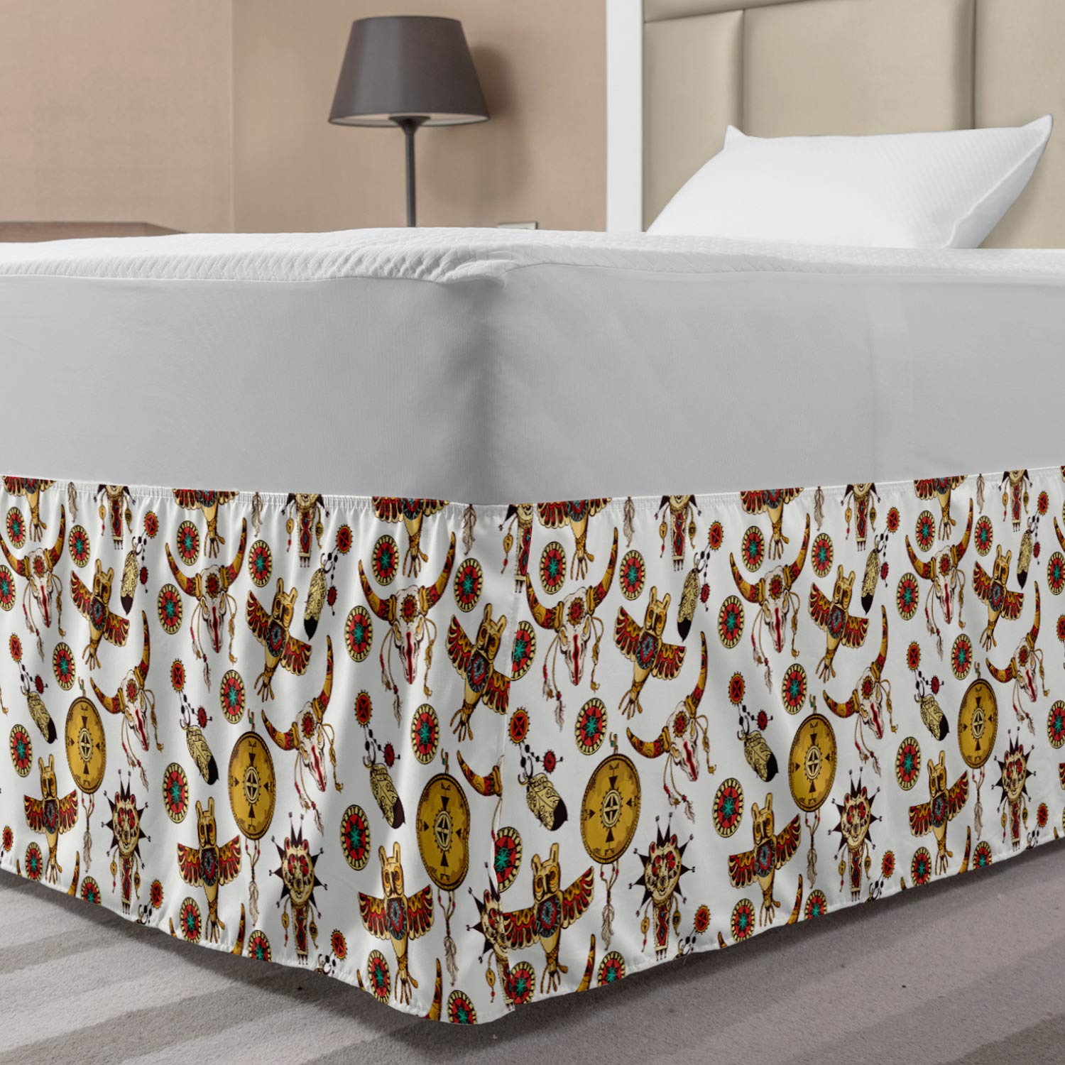 Lunarable Tribal Bed Skirt Folk Dreamcatchers Totem Spirit Animal Skulls Owl Goat Feather Print Elastic Bedskirt Dust Ruffle