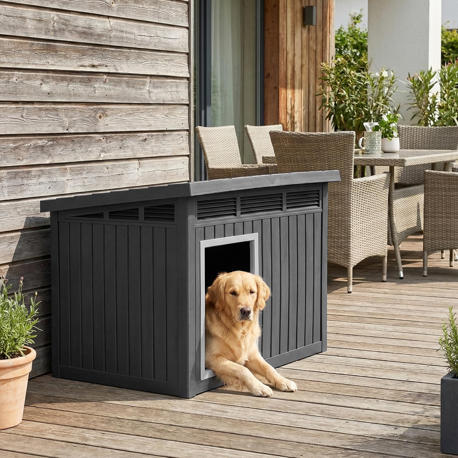COSTWAY Caseta para Perros Exterior, Casa para Perros de Plástico con Puerta, Techo Inclinado Abatible, Rejillas de Ventilación, Mueble Perrera para Mascotas, 81 x 64 x 61 cm, Negro