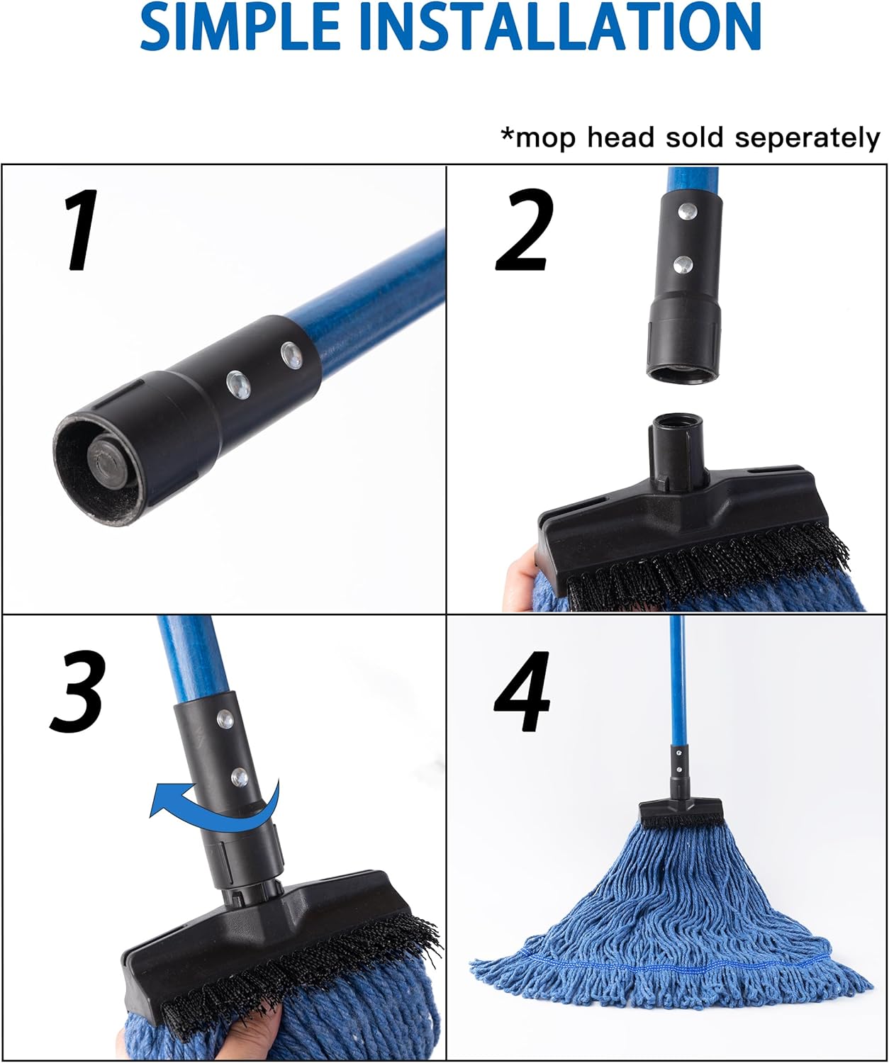Matthew Cleaning 6 Sets of Commercial Screw On Mop Handle for Floor Cleaning,Heavy Duty Wet Mop Head Replacement Holder 60inch Fiberglass Gripper w/Threaded Plastic tip- Blue