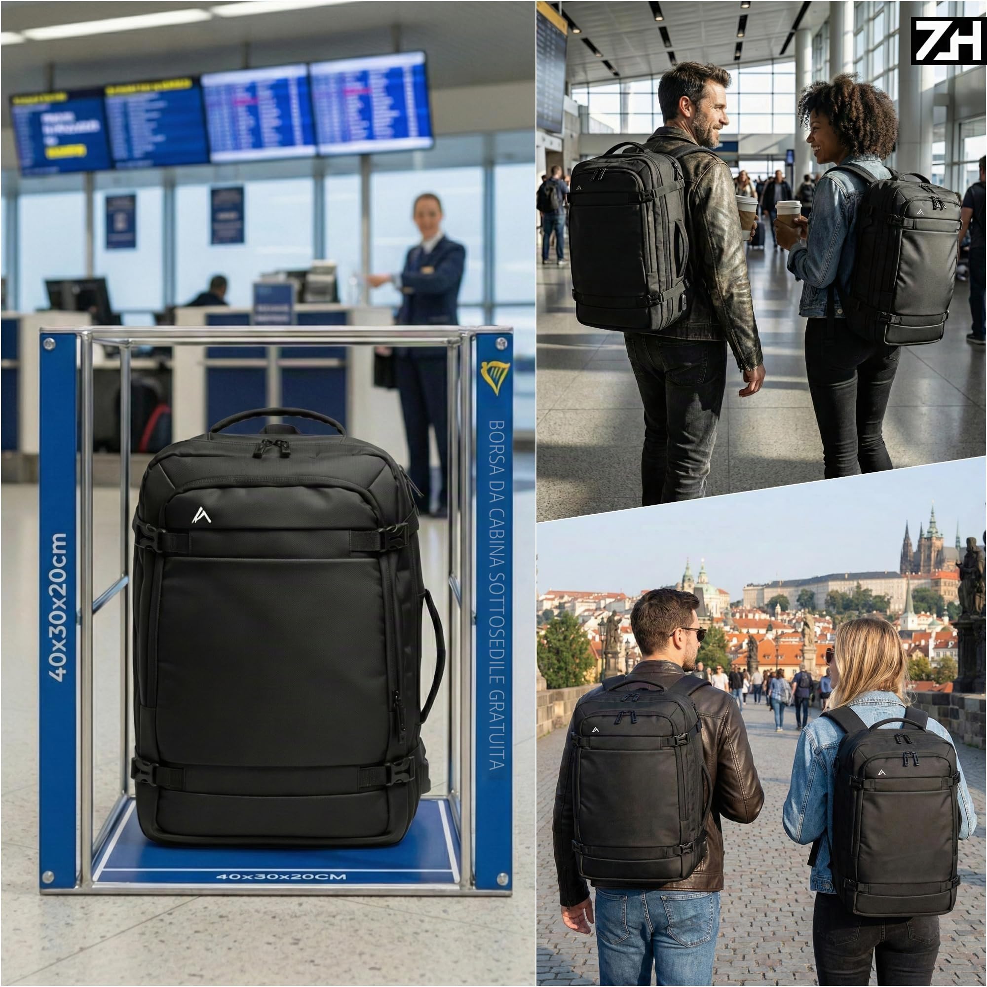 +ZERMATT-HORN Zaino da viaggio sottovuoto. Estensibile 25L a 30L, laptop da 15" a 17". Zaino da bagaglio a mano 40 x 30 x 20 cabina per volo con Ryanair, Vueling, Easyjet, Travel Backpack cabin.