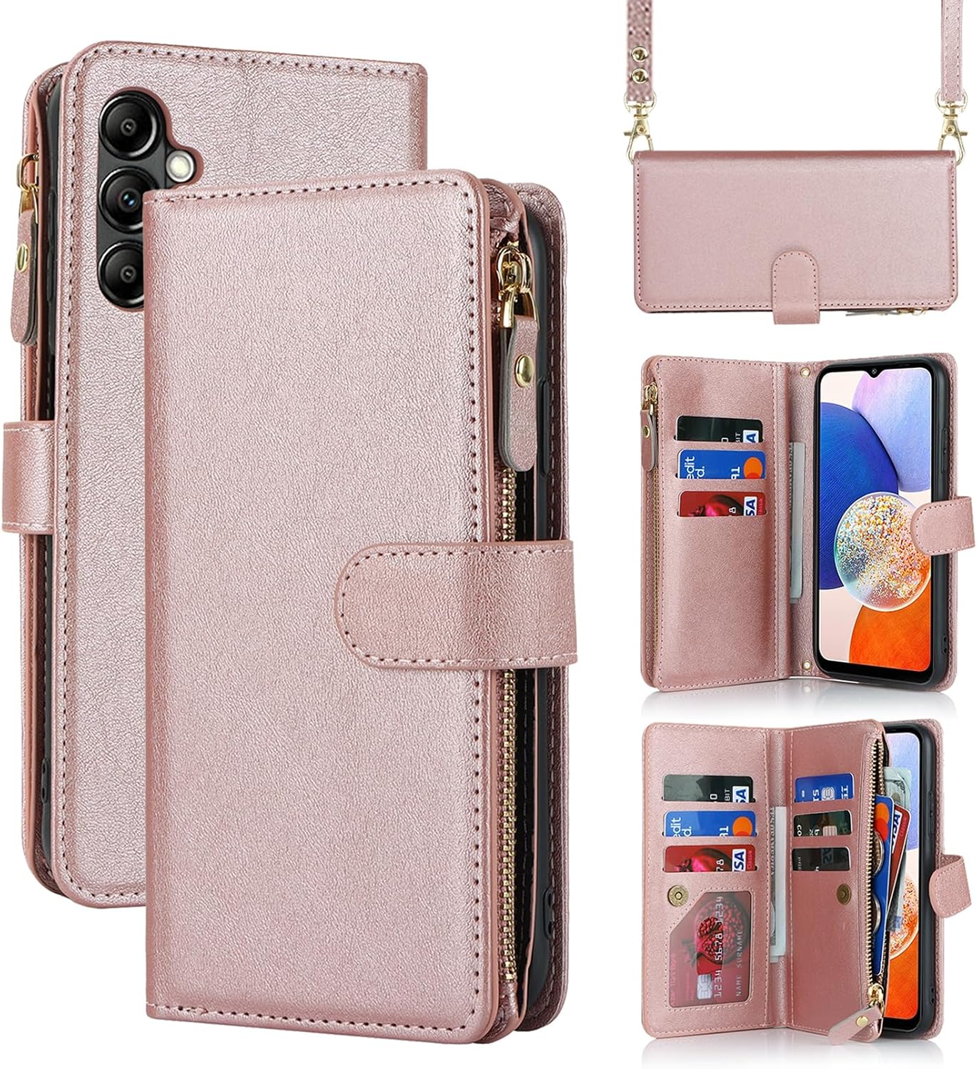 Fit for Samsung Galaxy A14 (5G 2023) Wallet Case for Women with Strap,for Samsung Galaxy A14 Crossbody Phone Case with Card Holder,Shoulder Lanyard,Zipper PU Leather Case 6.6",Rosegold