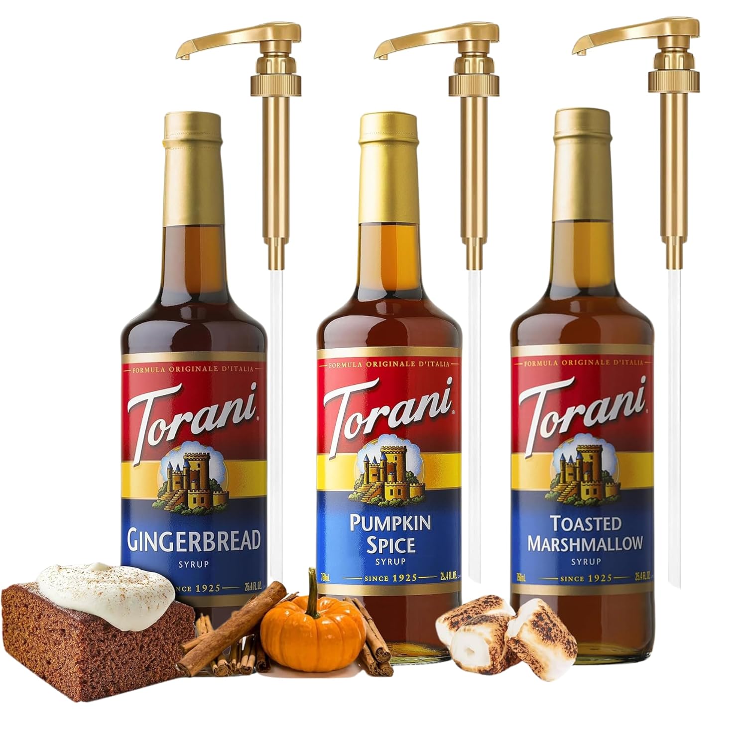 Winter Holiday Syrup 3 Pack, Gingerbread, Pumpkin Spice & Toasted Marshmallow, Italian Soda Flavors - With 3 Jimoco Pump Dispensers