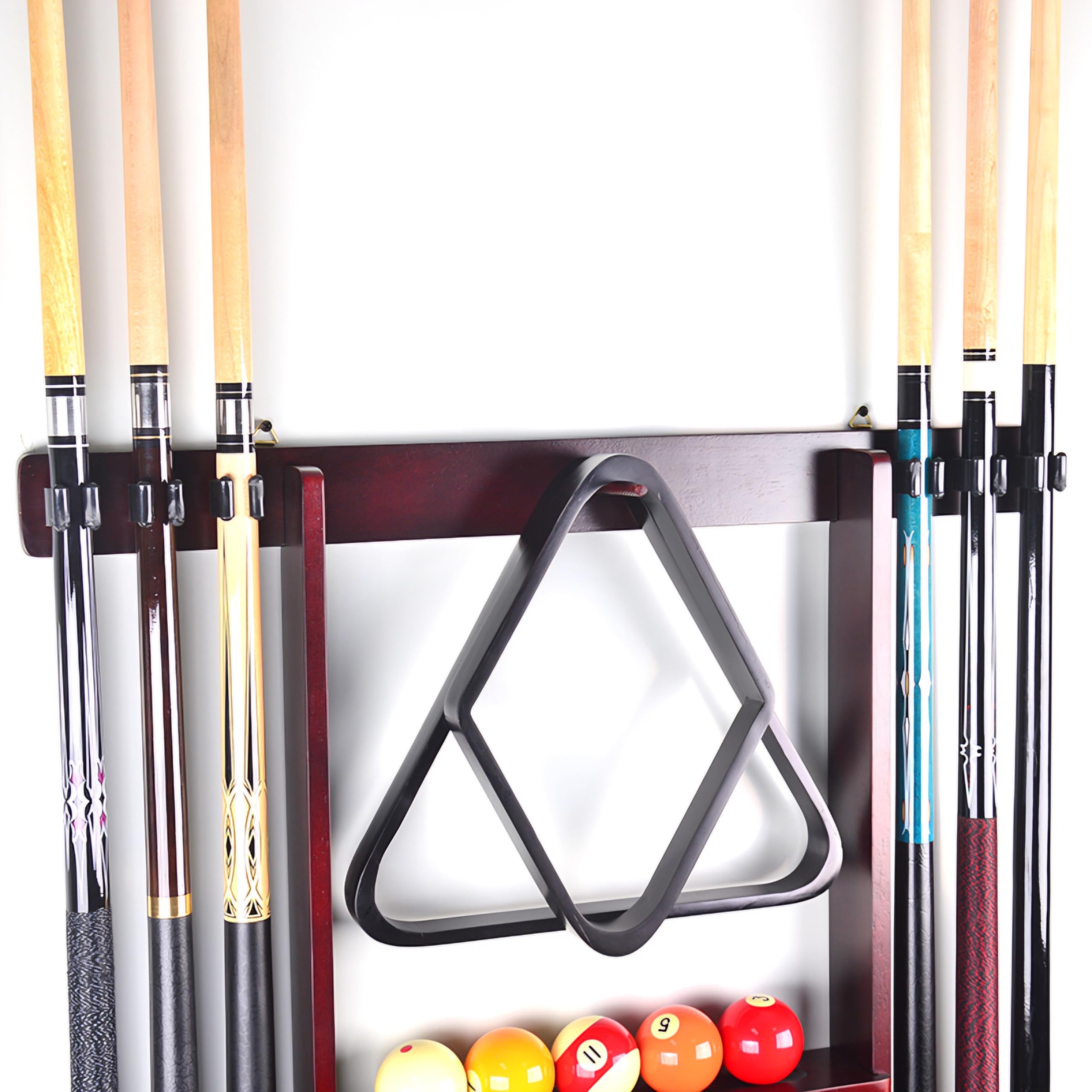 RUP Pool Cue Rack Wall Mount, 6 Pool Billiard Cue Rack, holds ball set, chalk & triangle, Made of Solid Pine Wood, Pool Table Accessories for Billiard Room or Club (accesories not included) 1
