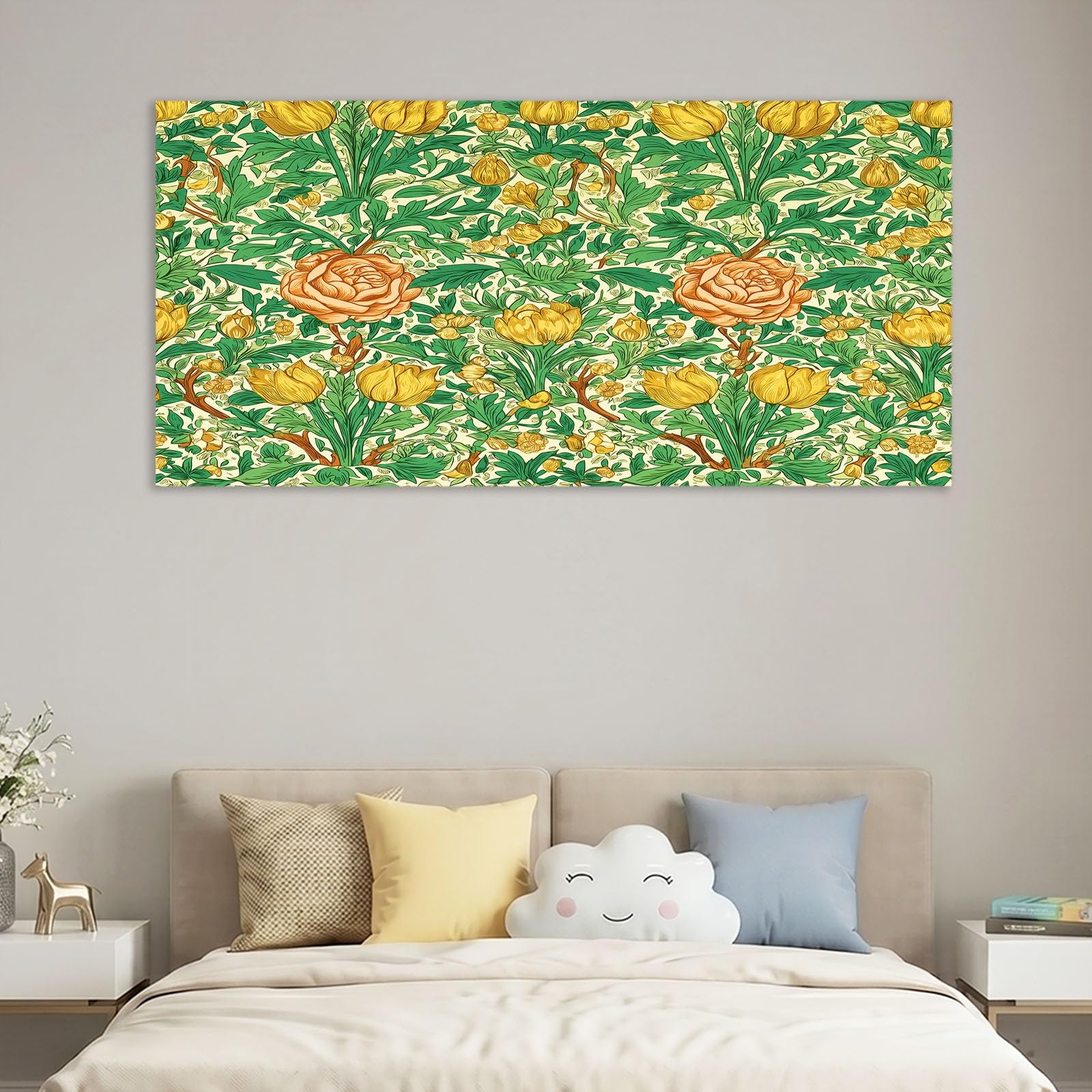 Sztuka ścienna 140 x 70 cm wydruki na płótnie retro - wodoodporny plakat zielone kwiatowe róże liście, obraz do salonu, sypialni, biura, kuchni, wystrój domu