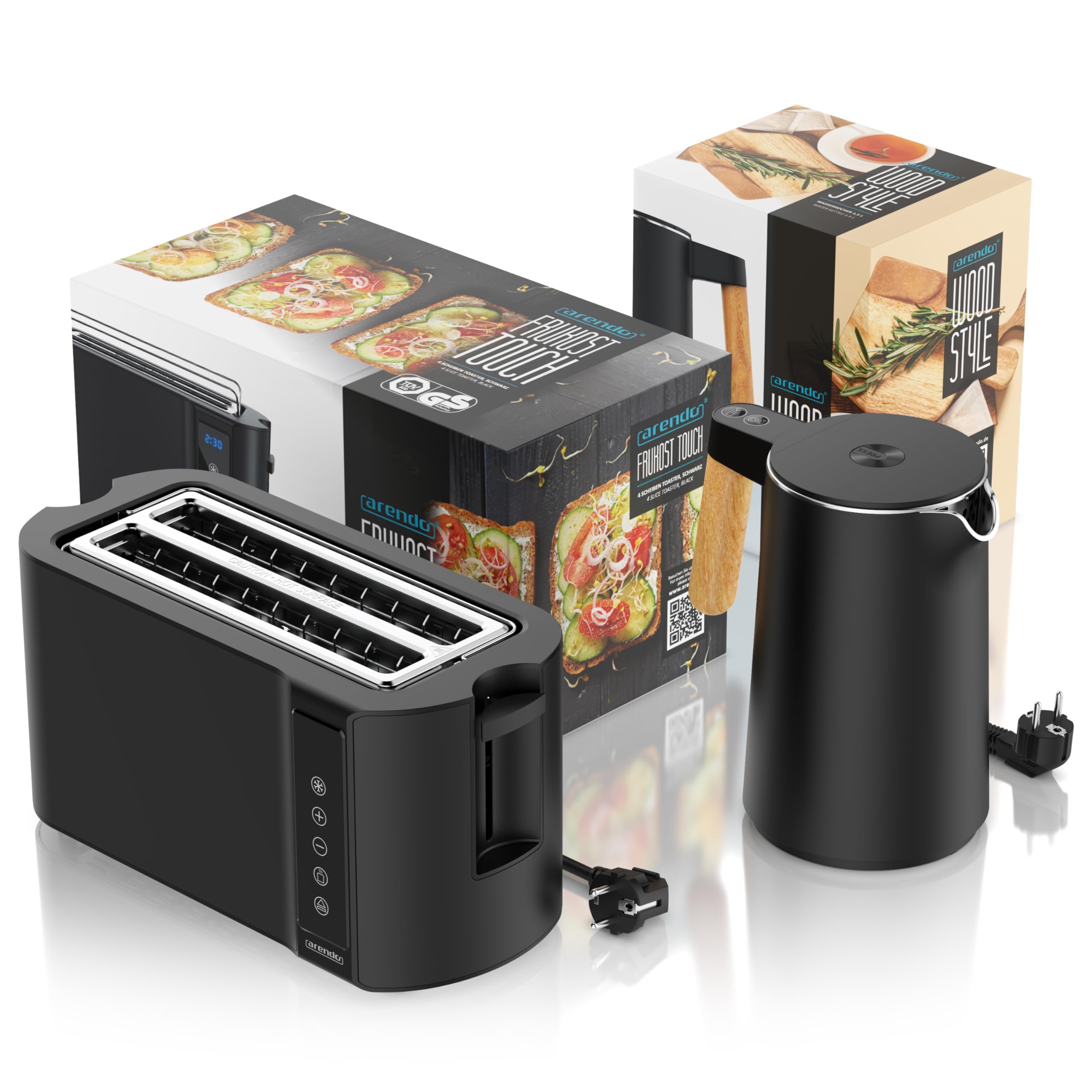 Arendo Wasserkocher Toaster SET Edelstahl 45-100 Grad Warmhaltefunktion 4 Scheiben Touch Display Brötchaufsatz Schwarz Matt